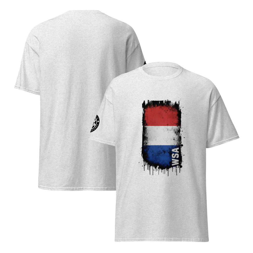 White t-shirt with a colorful graphic design on the front, displayed from both front and back views.