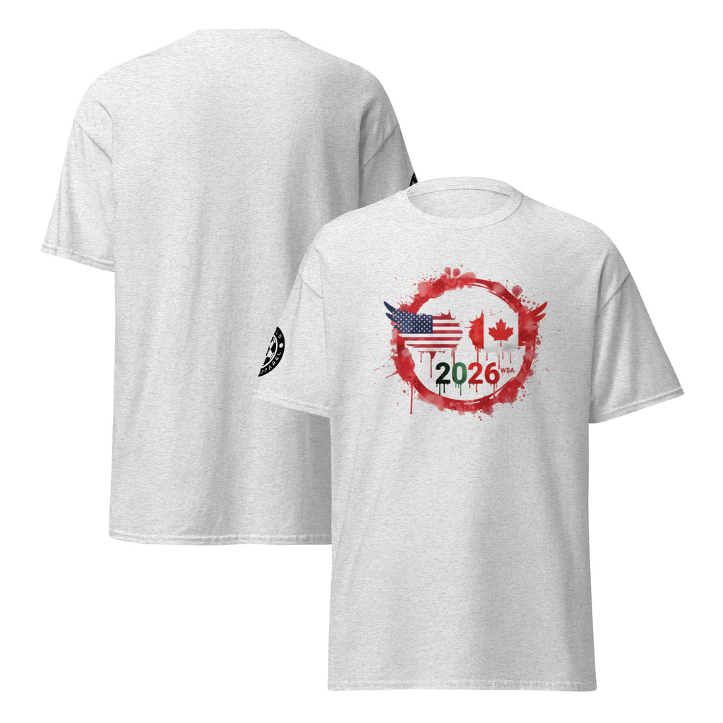White t-shirt with American and Canadian flag design and '2026' text on a white background