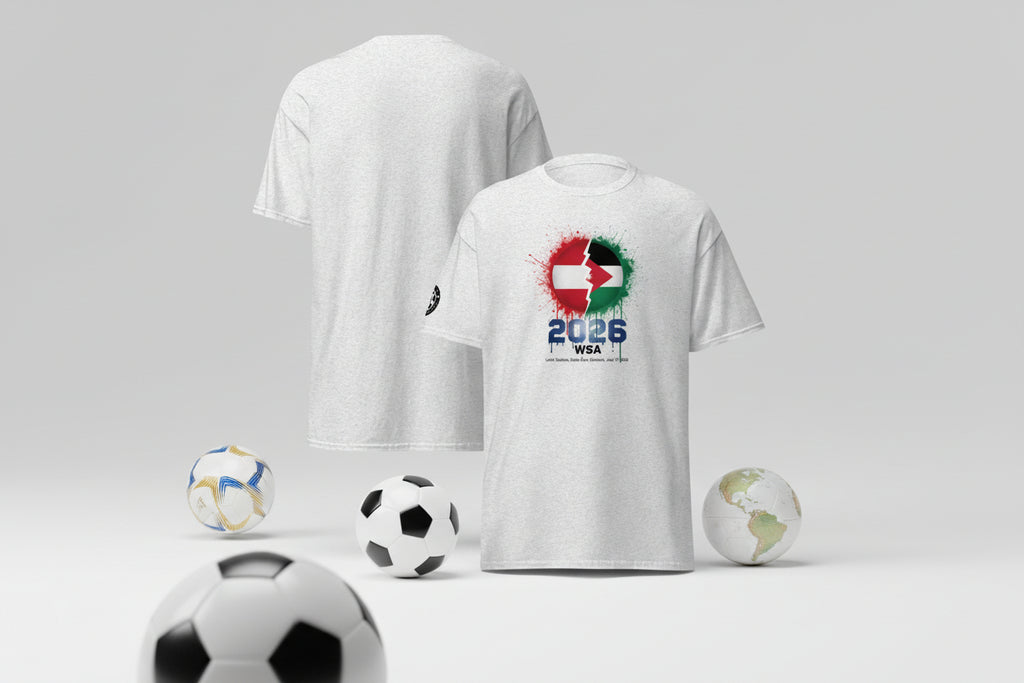 White t-shirt with colorful design and text on a white background