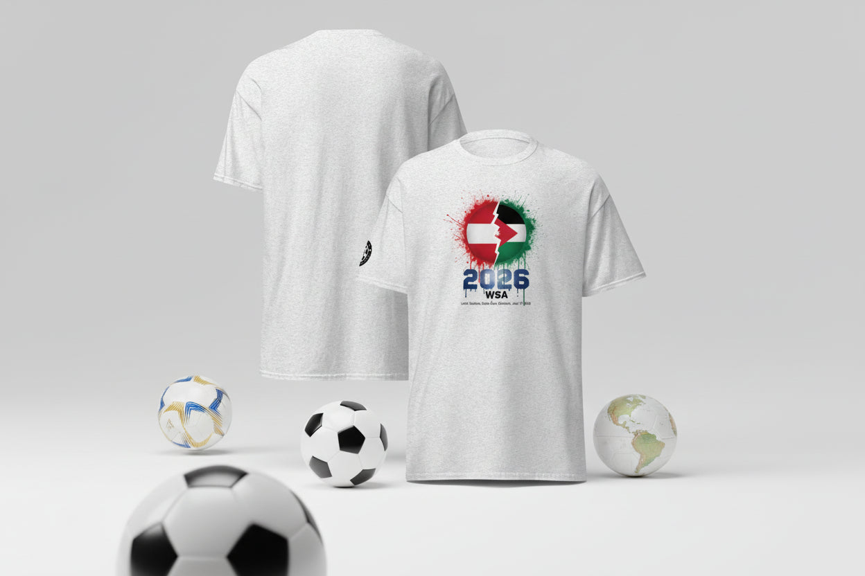 White t-shirt with colorful design and text on a white background