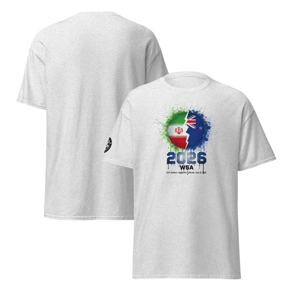 White t-shirt with colorful design and text on a white background