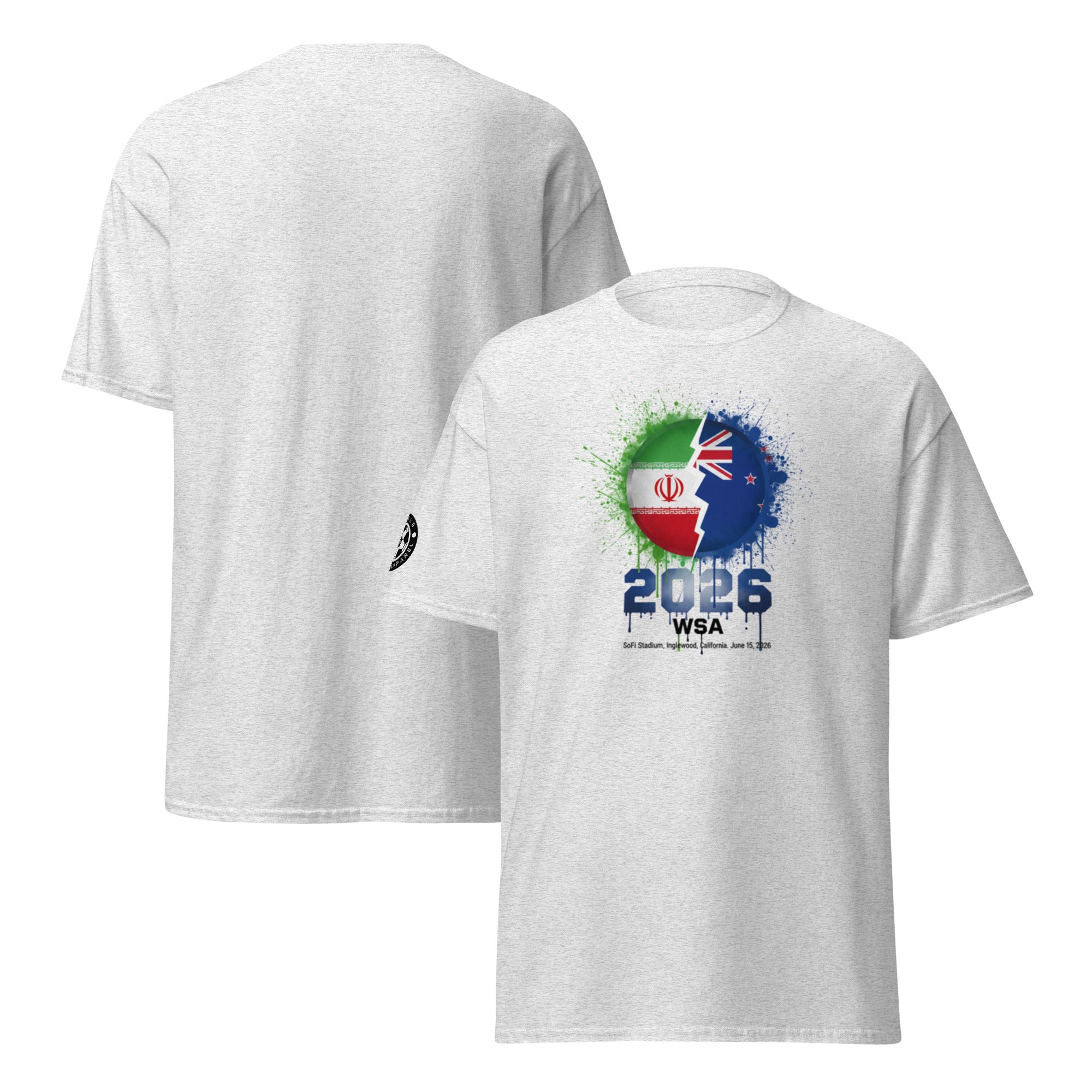 White t-shirt with colorful design and text on a white background