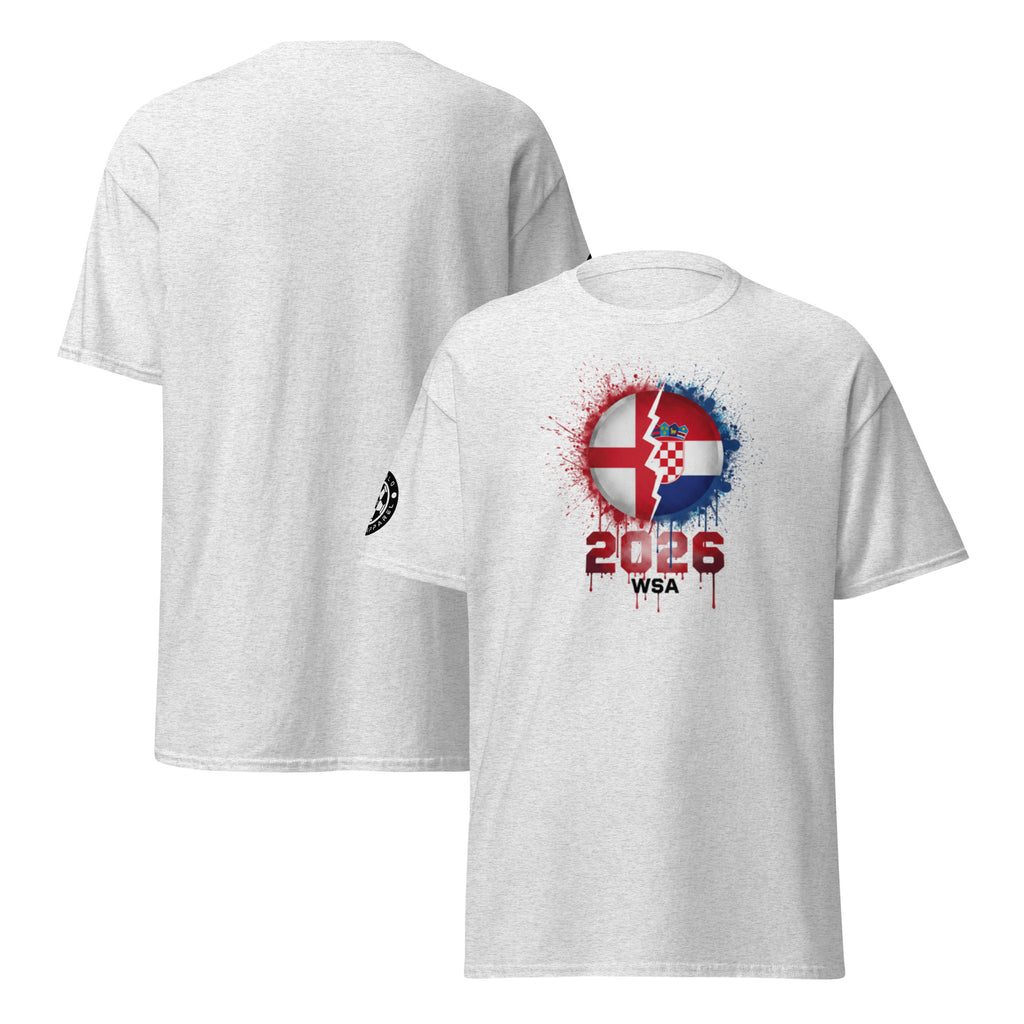 White t-shirt with a graphic design on the front and back, featuring a flag and '2026' text.