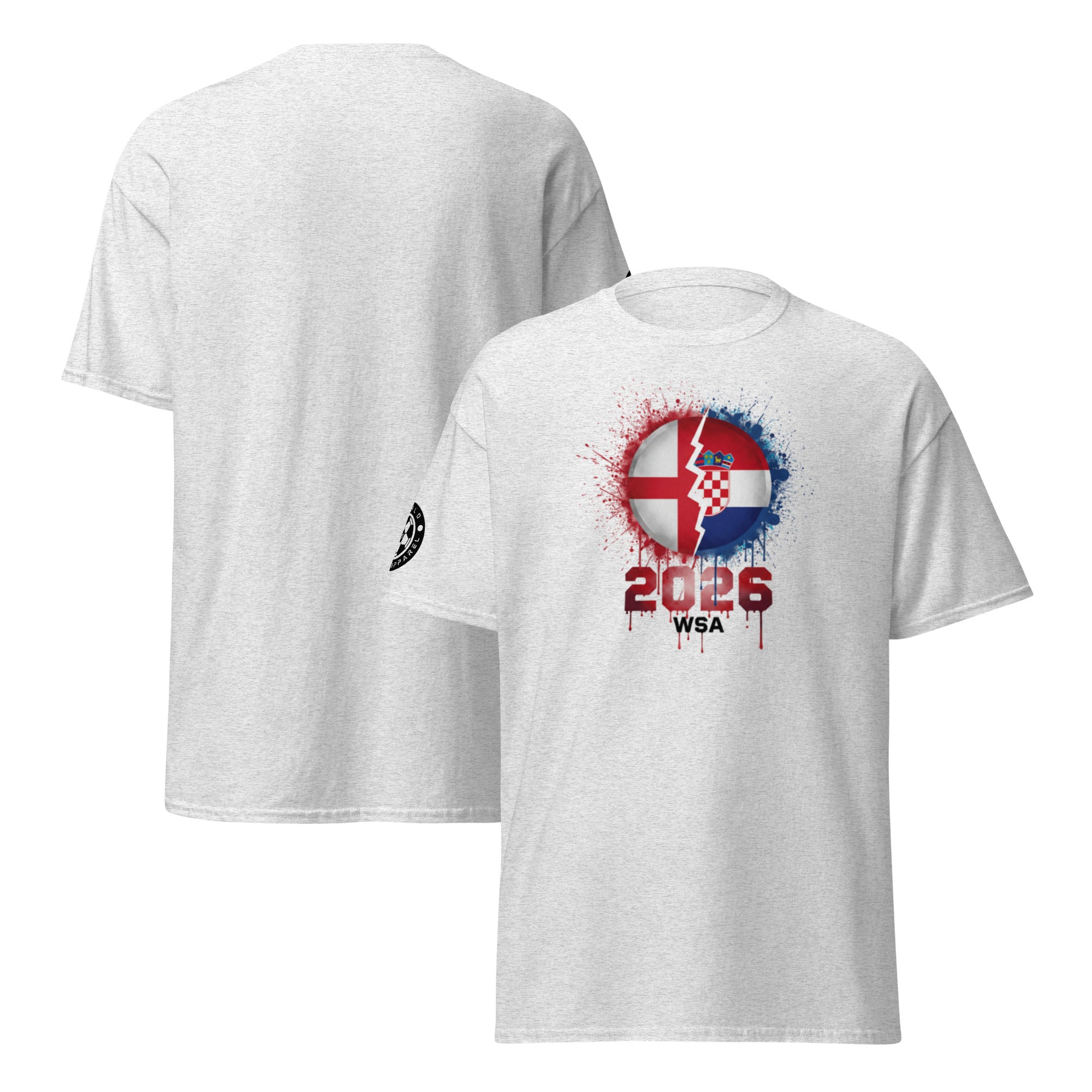 White t-shirt with a graphic design on the front and back, featuring a flag and '2026' text.