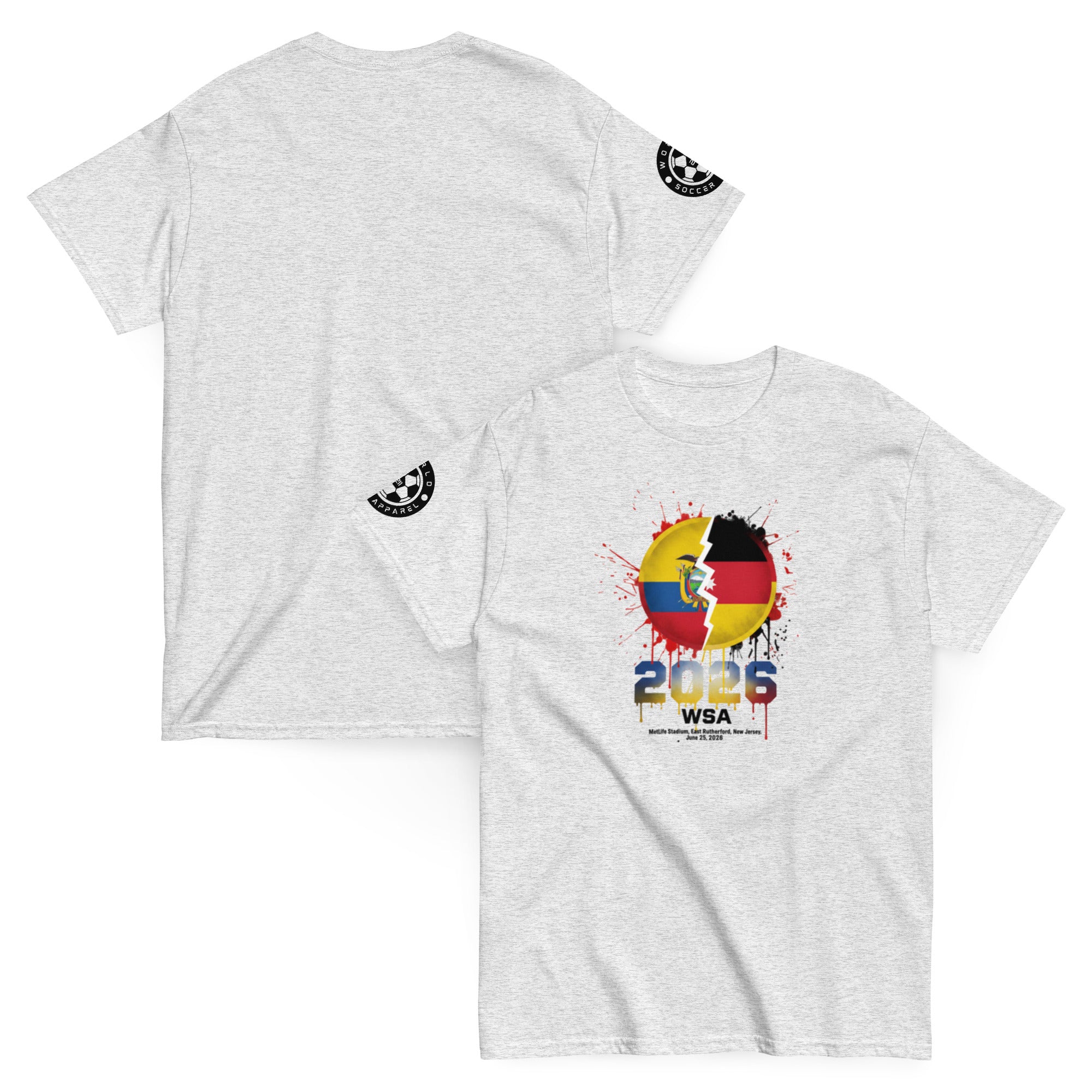 Gray t-shirt with colorful design featuring flags and '2026 WSA' text on a white background