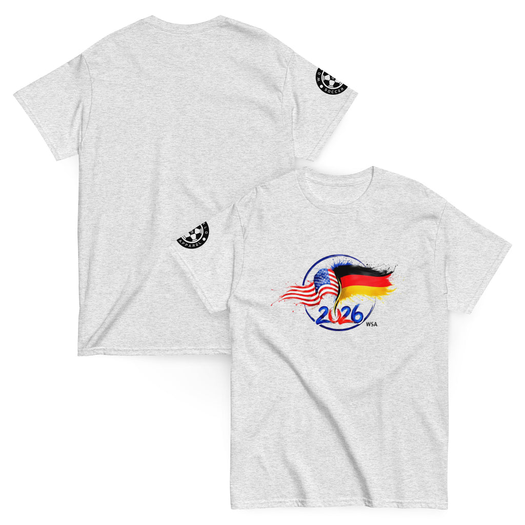 Gray t-shirt with a design featuring flags and '2026' text on a white background