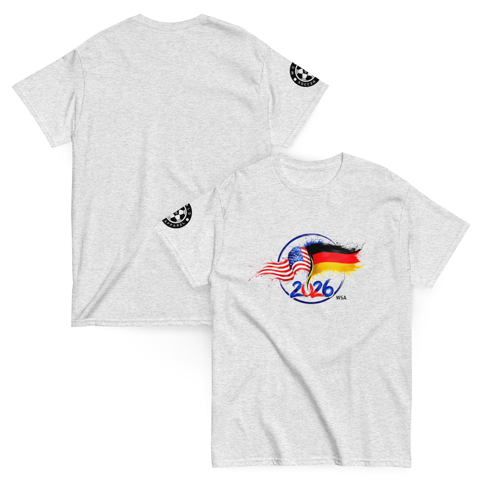 Gray t-shirt with a design featuring flags and '2026' text on a white background