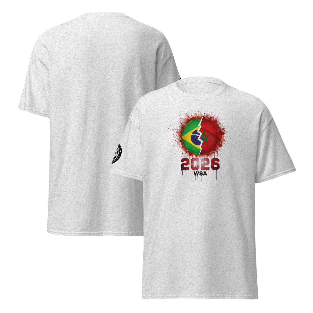 White t-shirt with colorful design and text on a white background