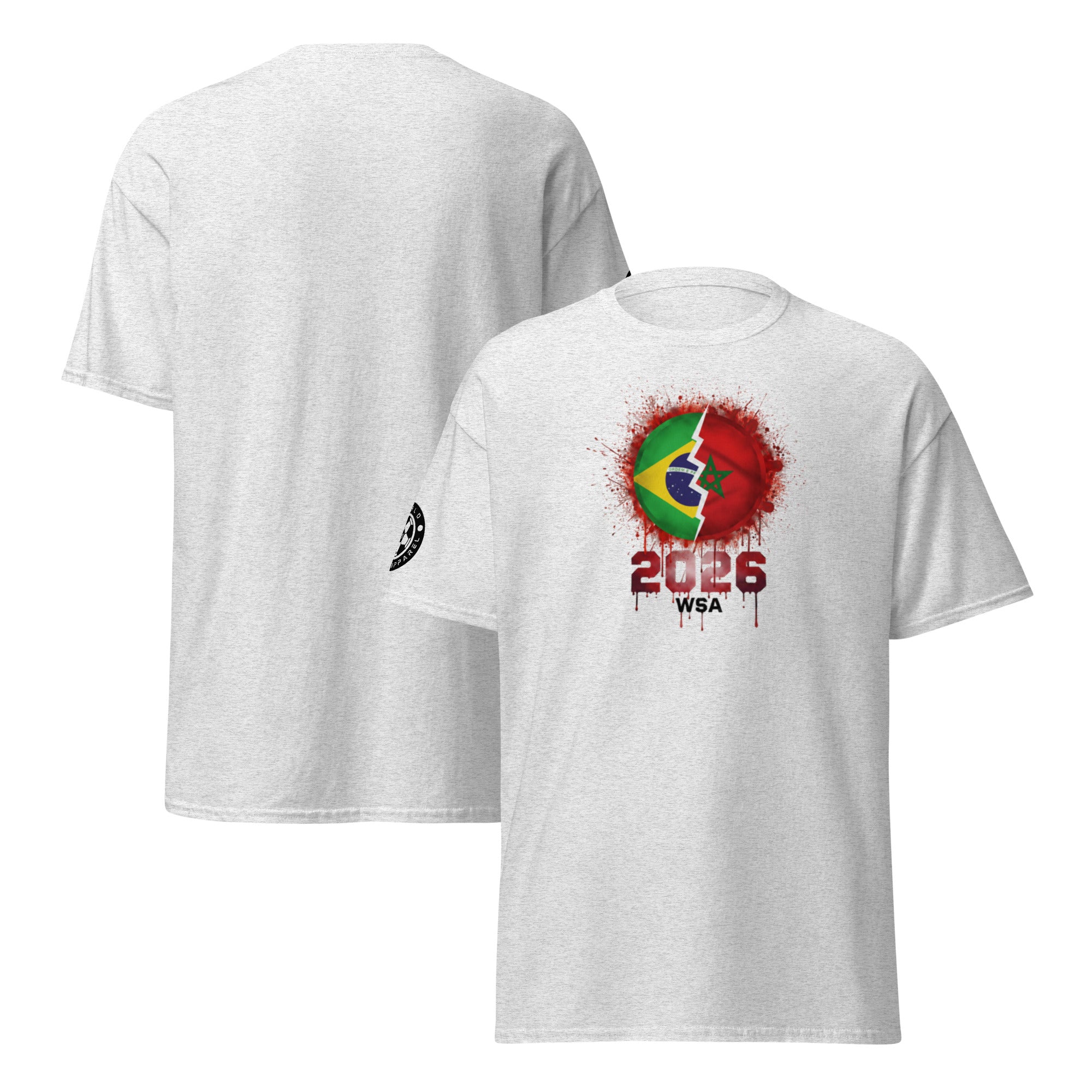 White t-shirt with colorful design and text on a white background