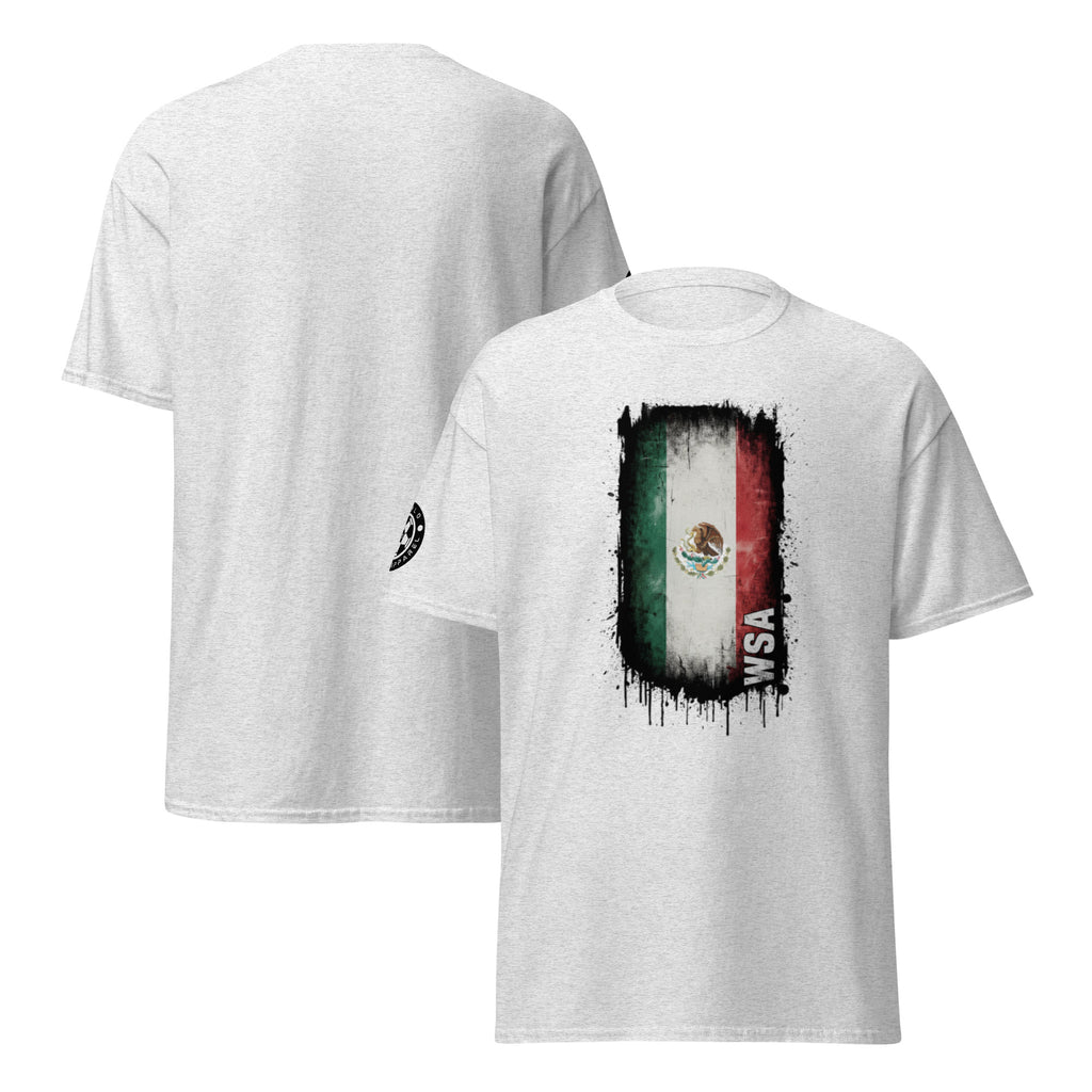 White t-shirt with Mexican flag design on a white background
