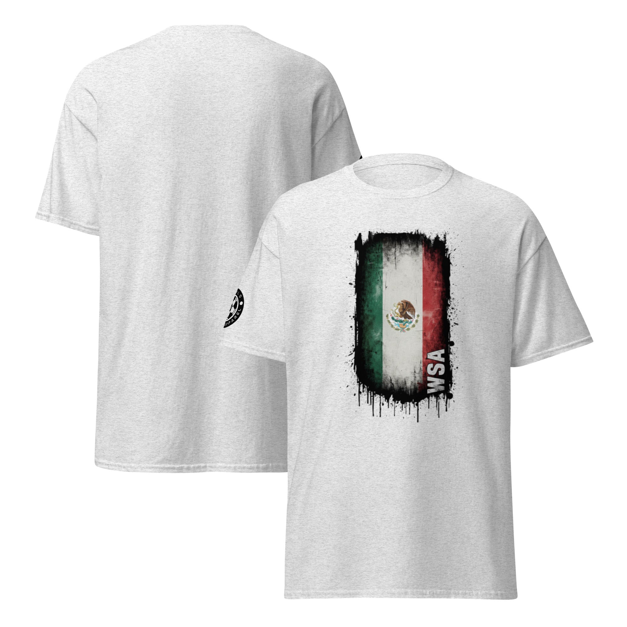 White t-shirt with Mexican flag design on a white background