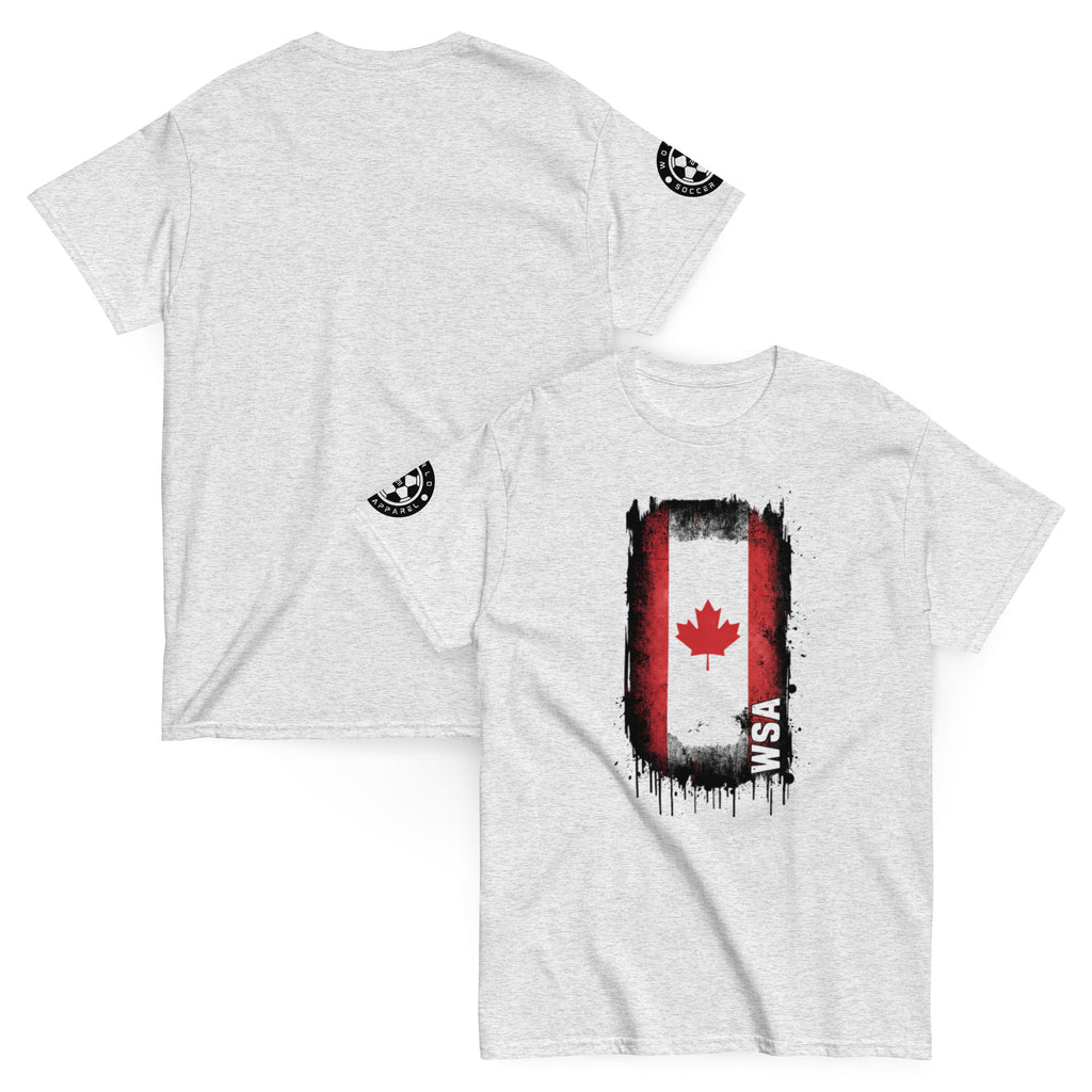 Gray t-shirt with a graphic design on the front and back, featuring a maple leaf and text.