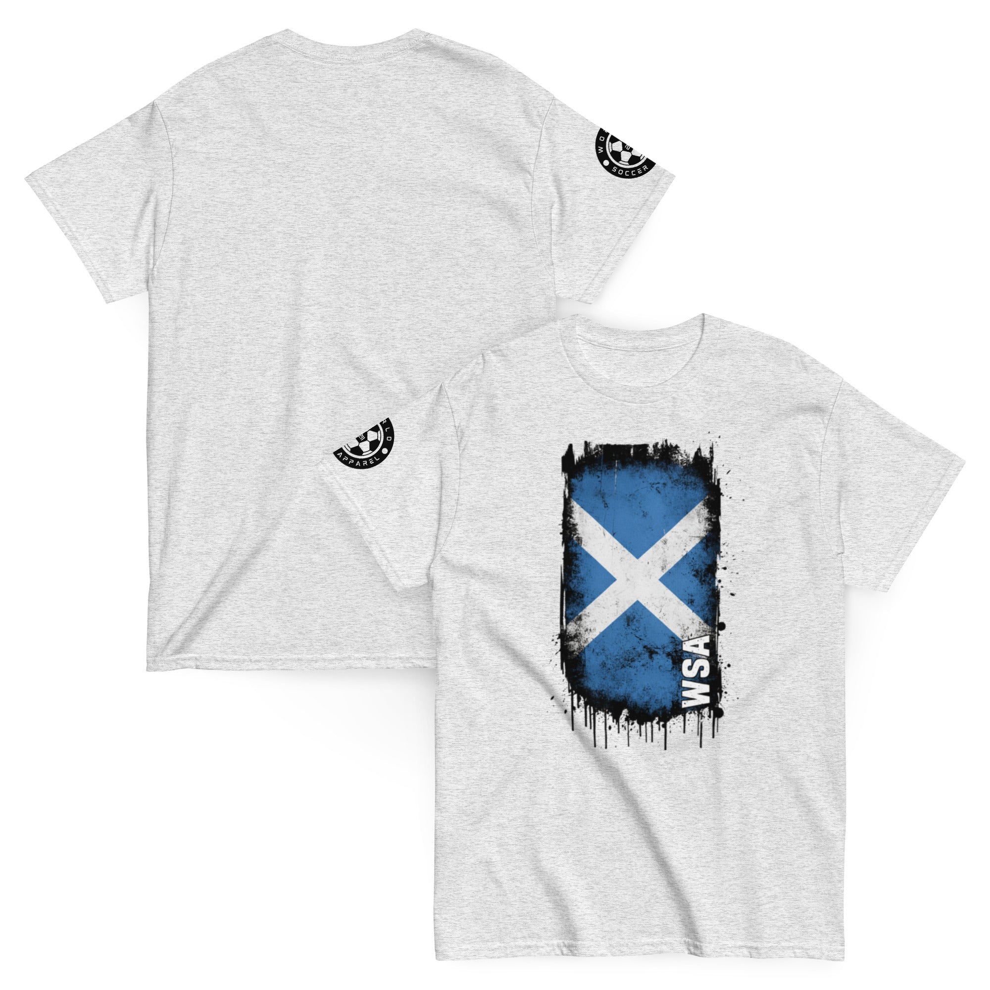Gray t-shirt with a blue and white design on the front and back