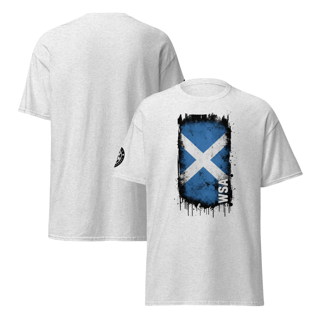 White t-shirt with Scottish flag design on a white background