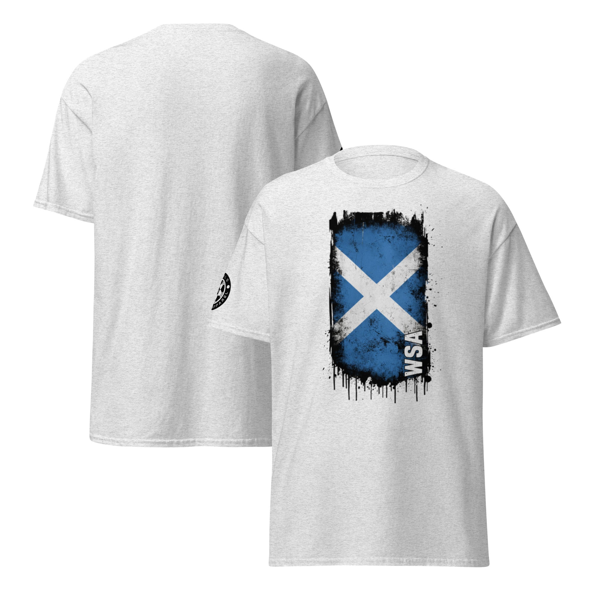 White t-shirt with Scottish flag design on a white background