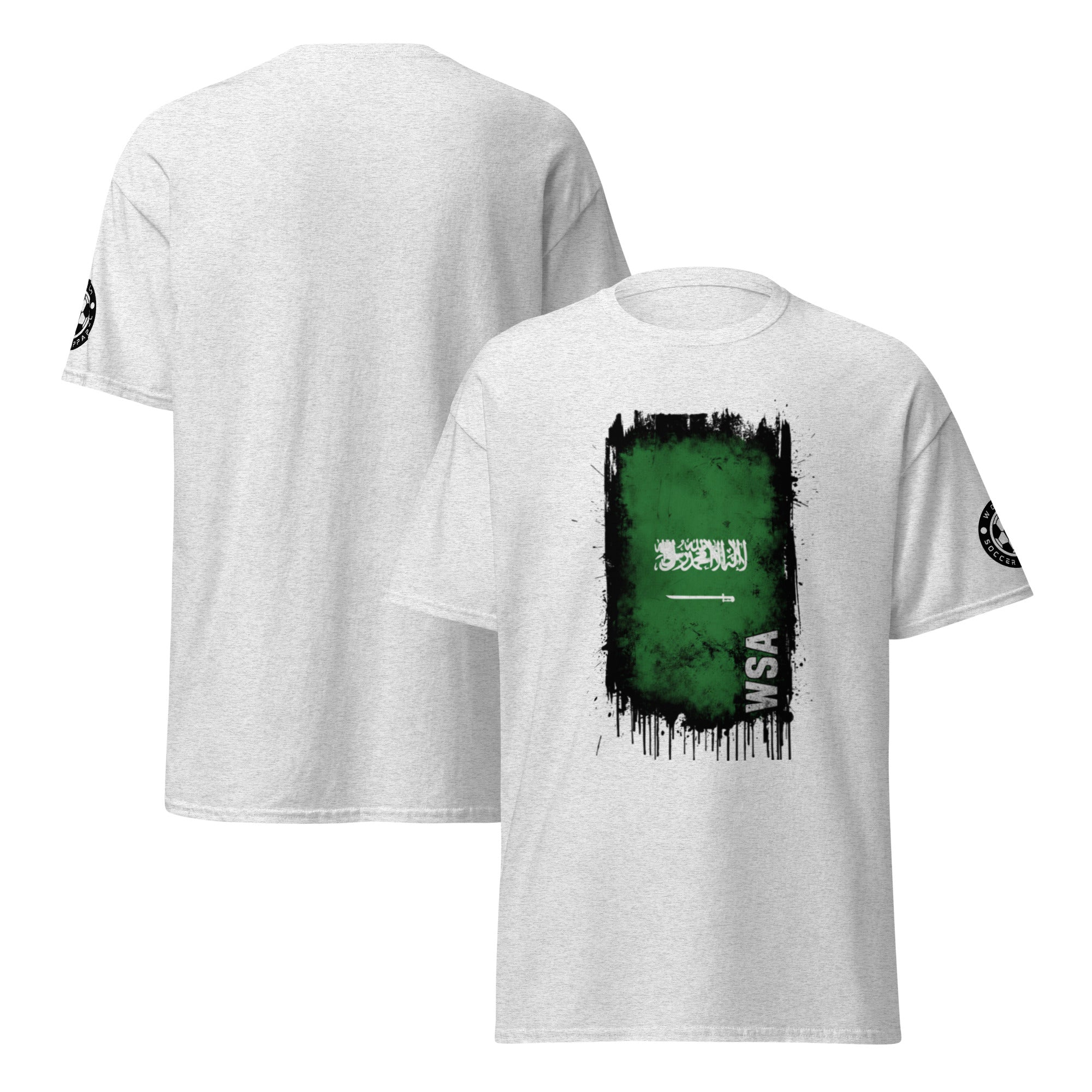 White t-shirt with Saudi Arabia flag design on a white background
