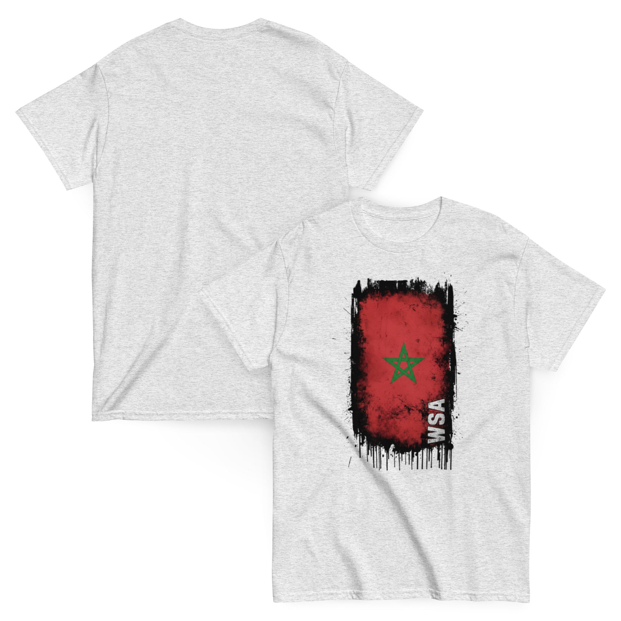 Gray t-shirt with a red and black graphic on the front, displayed from both front and back views.