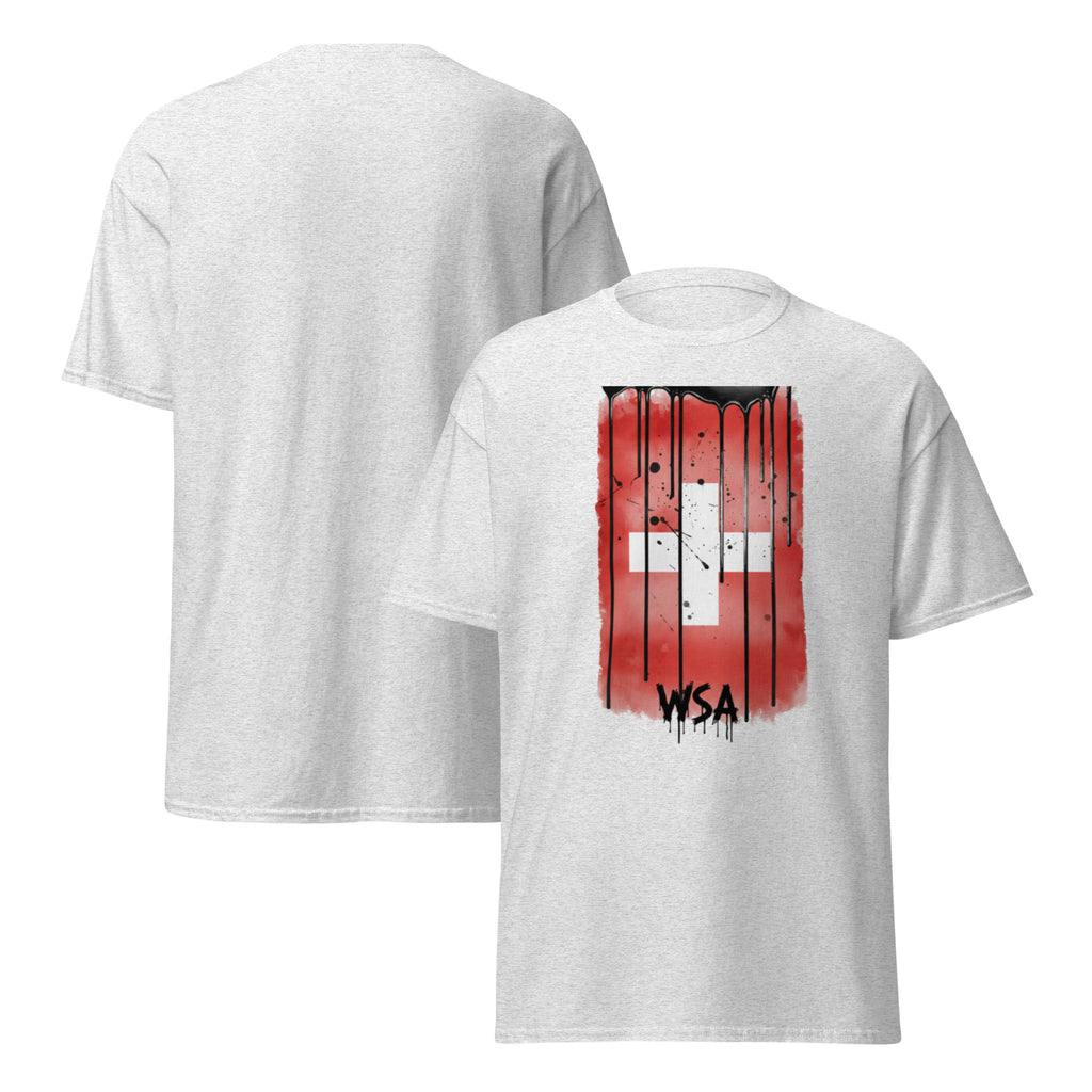 White t-shirt with red and black graphic design on a white background