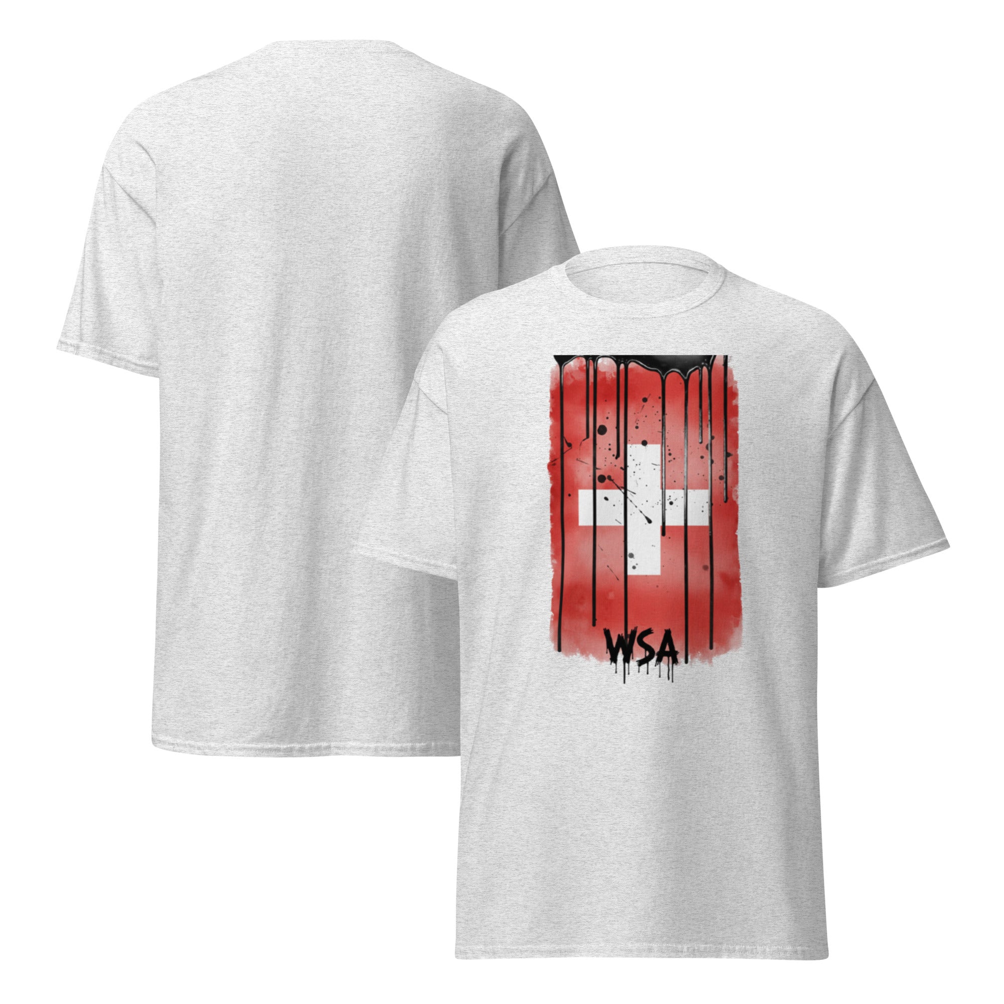 White t-shirt with red and black graphic design on a white background