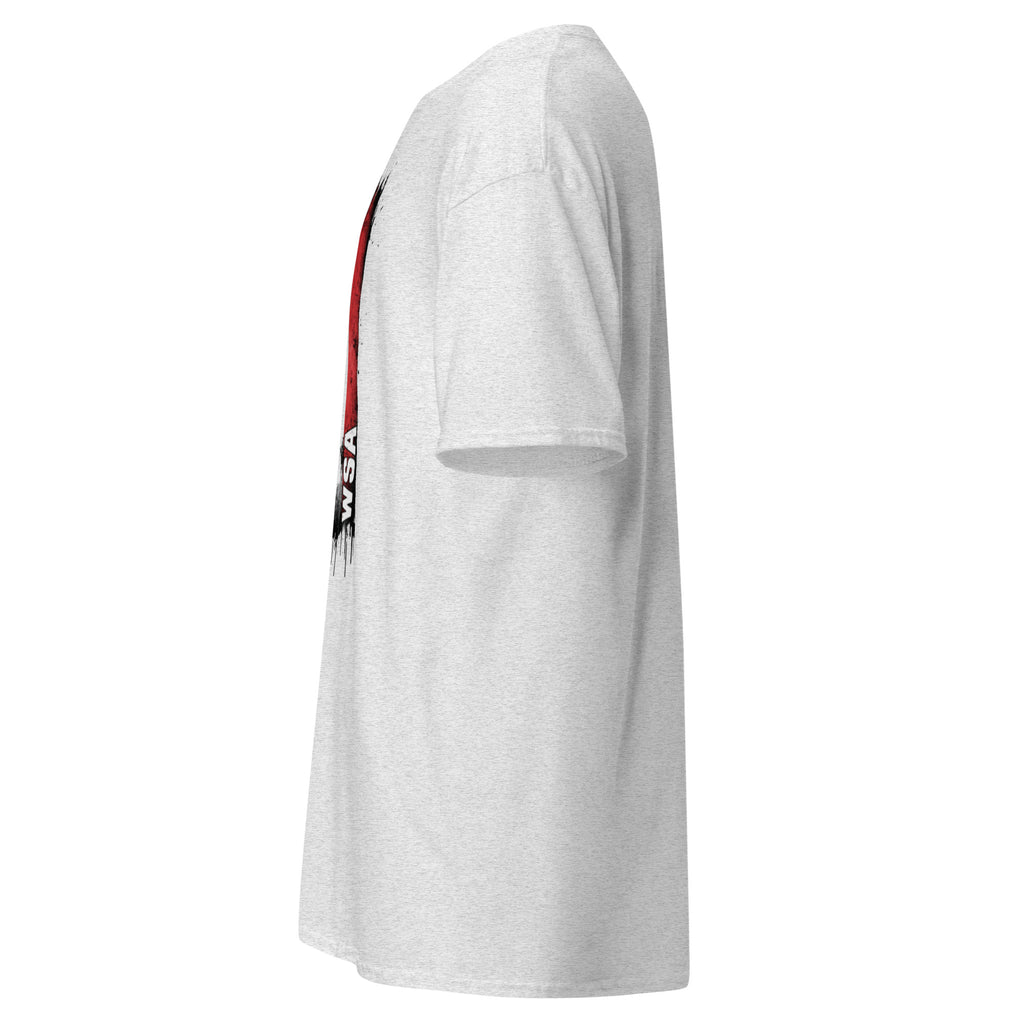 White t-shirt with a logo on the sleeve against a white background