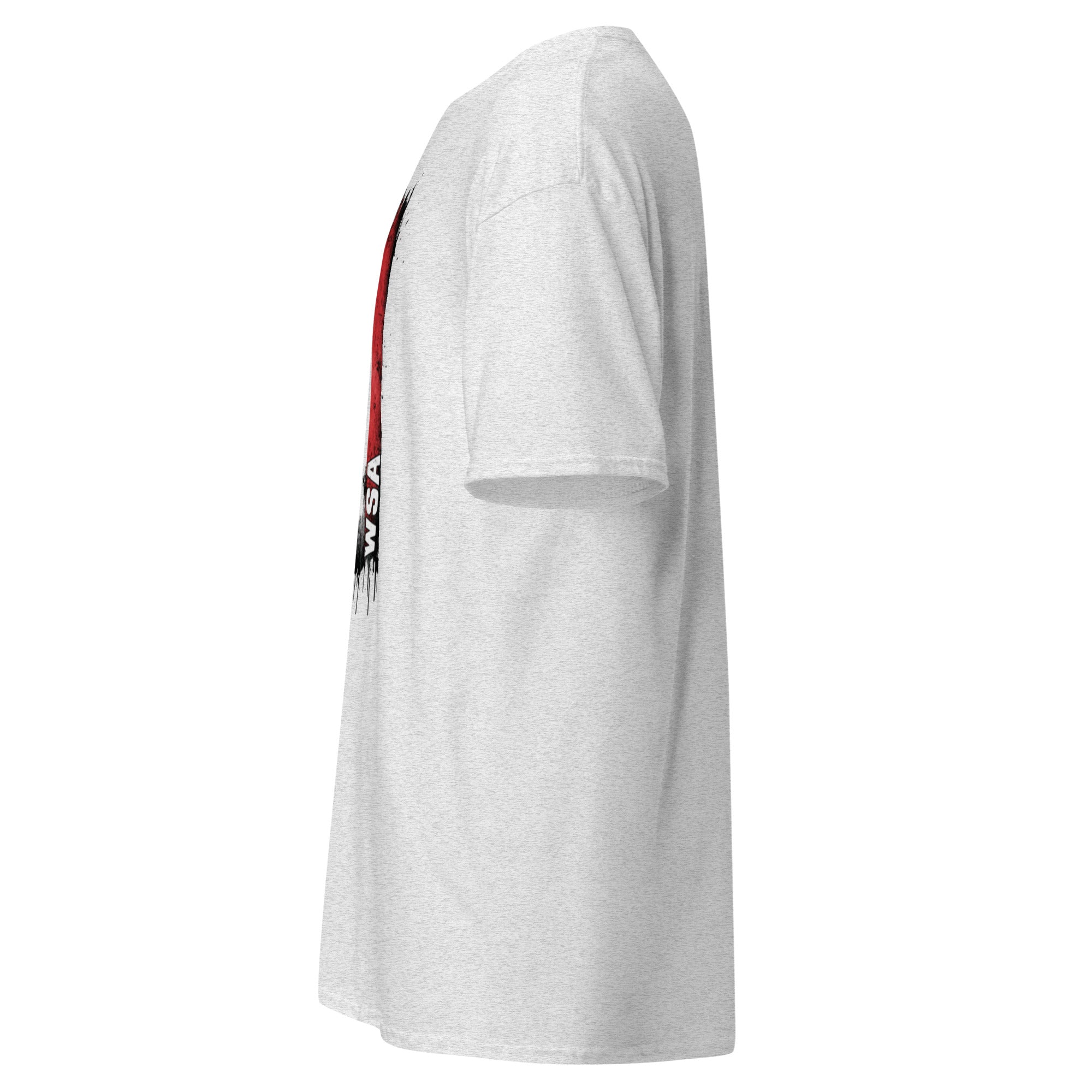 White t-shirt with a logo on the sleeve against a white background