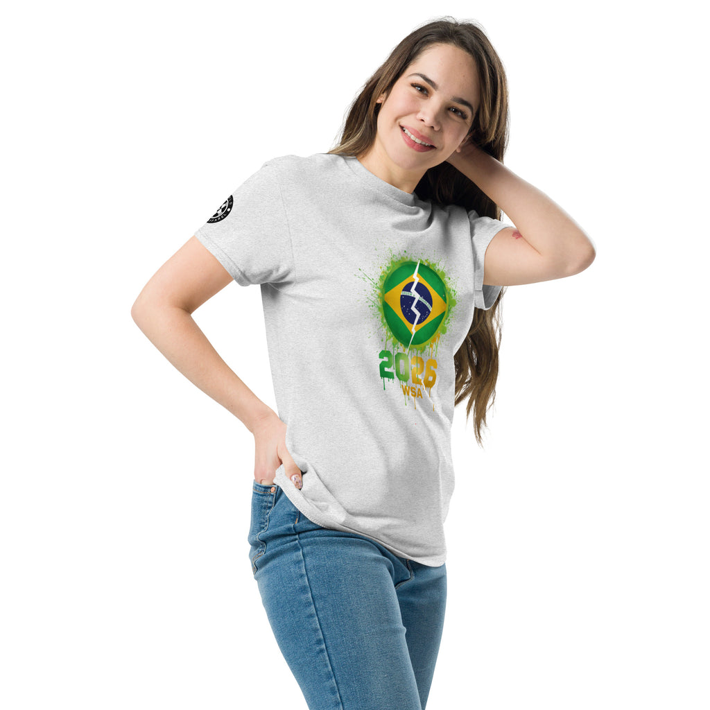 Woman wearing a white t-shirt with a Brazilian flag design on a white background