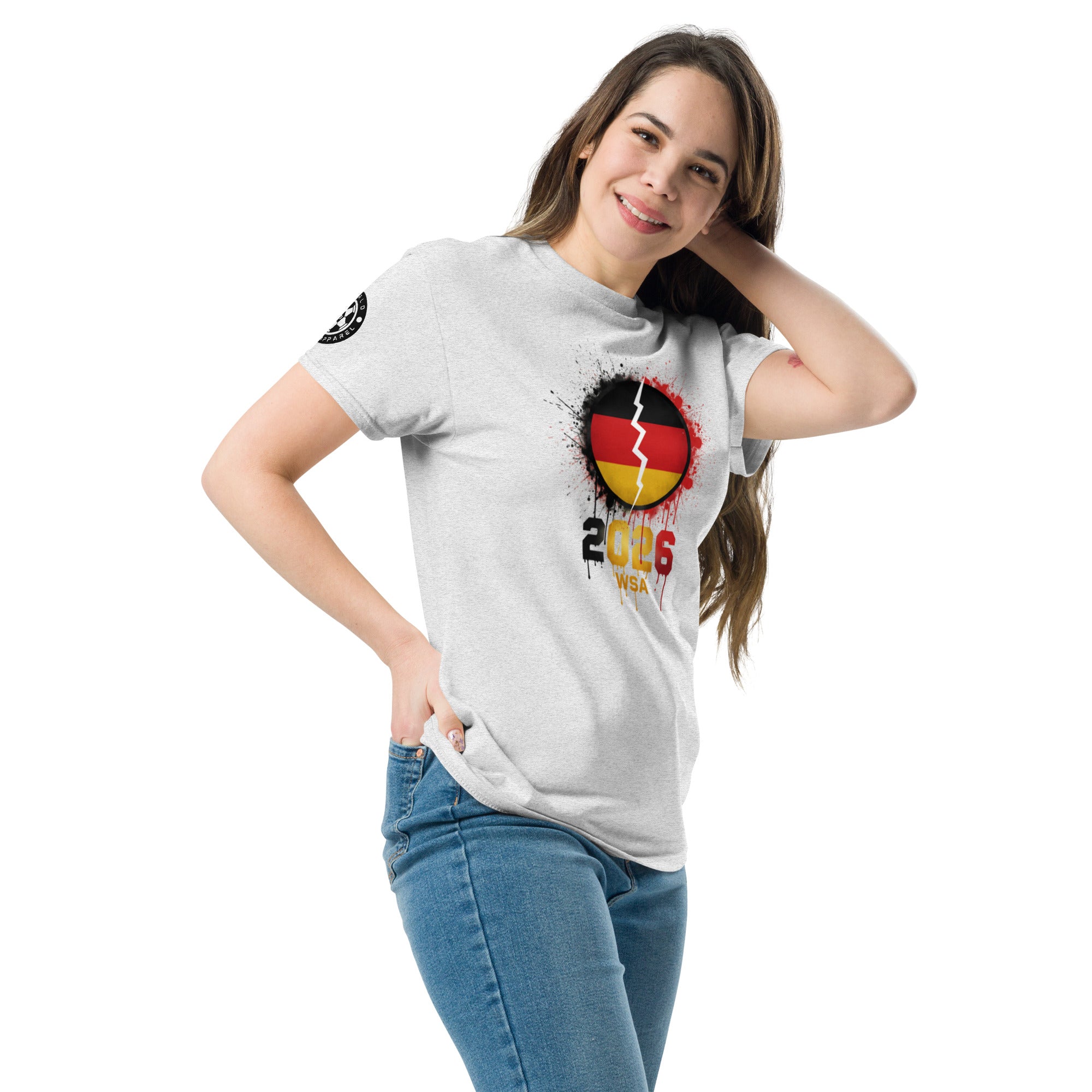 Woman wearing a white t-shirt with a heart design and text, standing against a white background