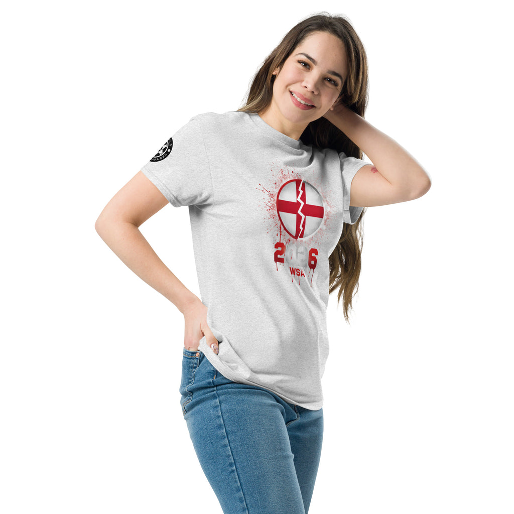 Woman wearing a gray t-shirt with a red and white graphic design on a white background