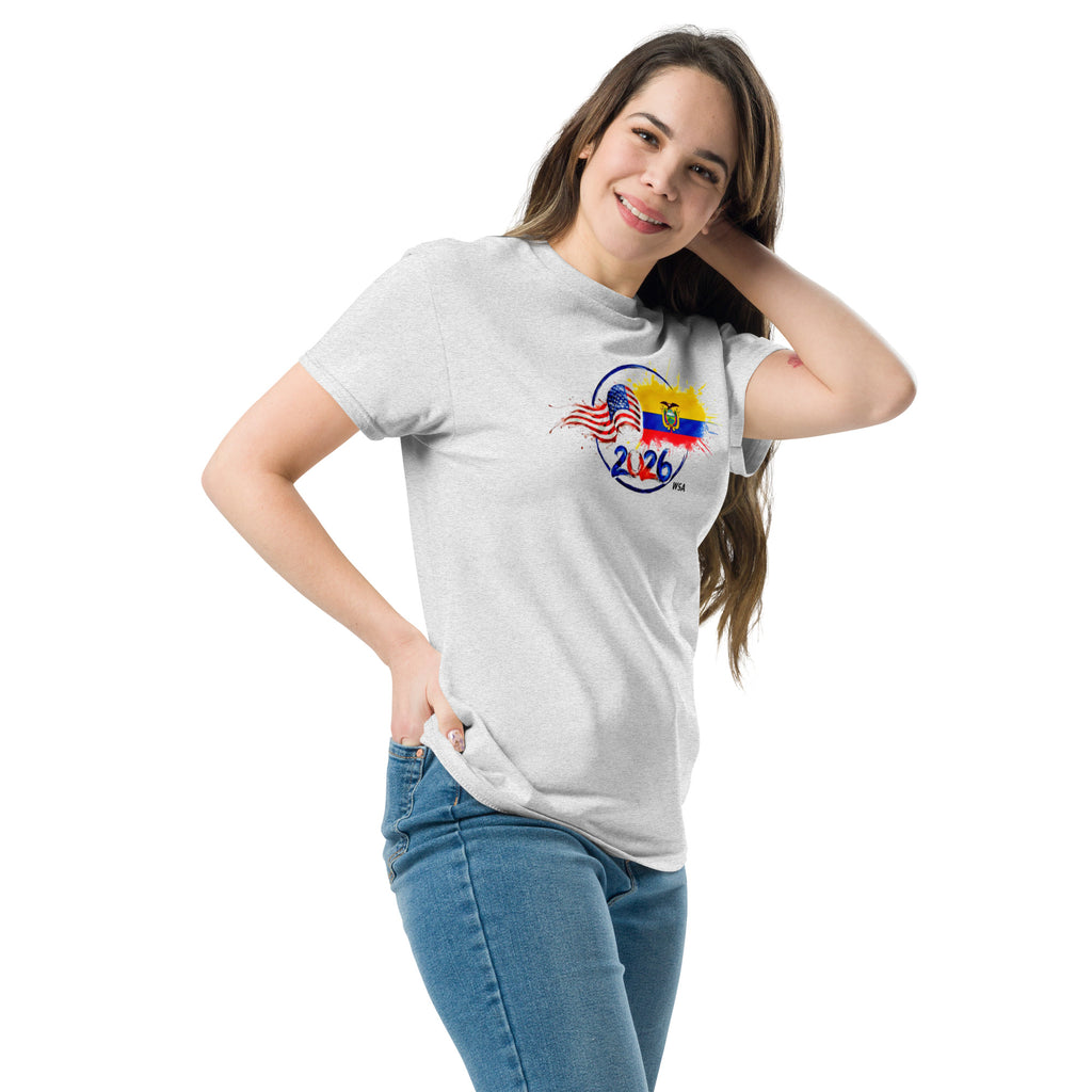Woman wearing a white t-shirt with a colorful design and '2026' text on a white background