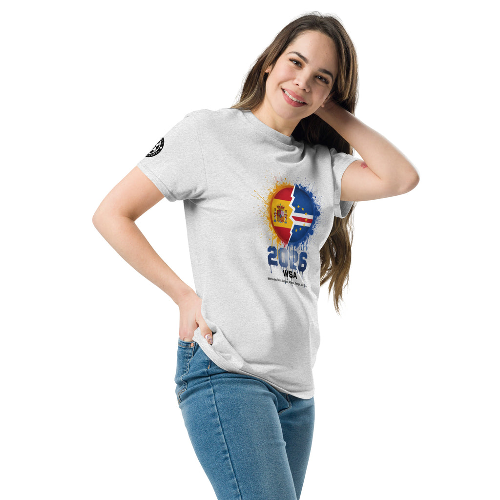 Woman wearing a white t-shirt with a colorful design on a white background