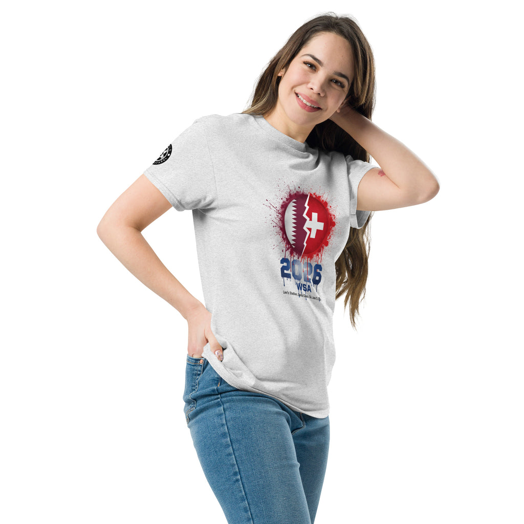 Woman wearing a white t-shirt with a graphic design on a white background