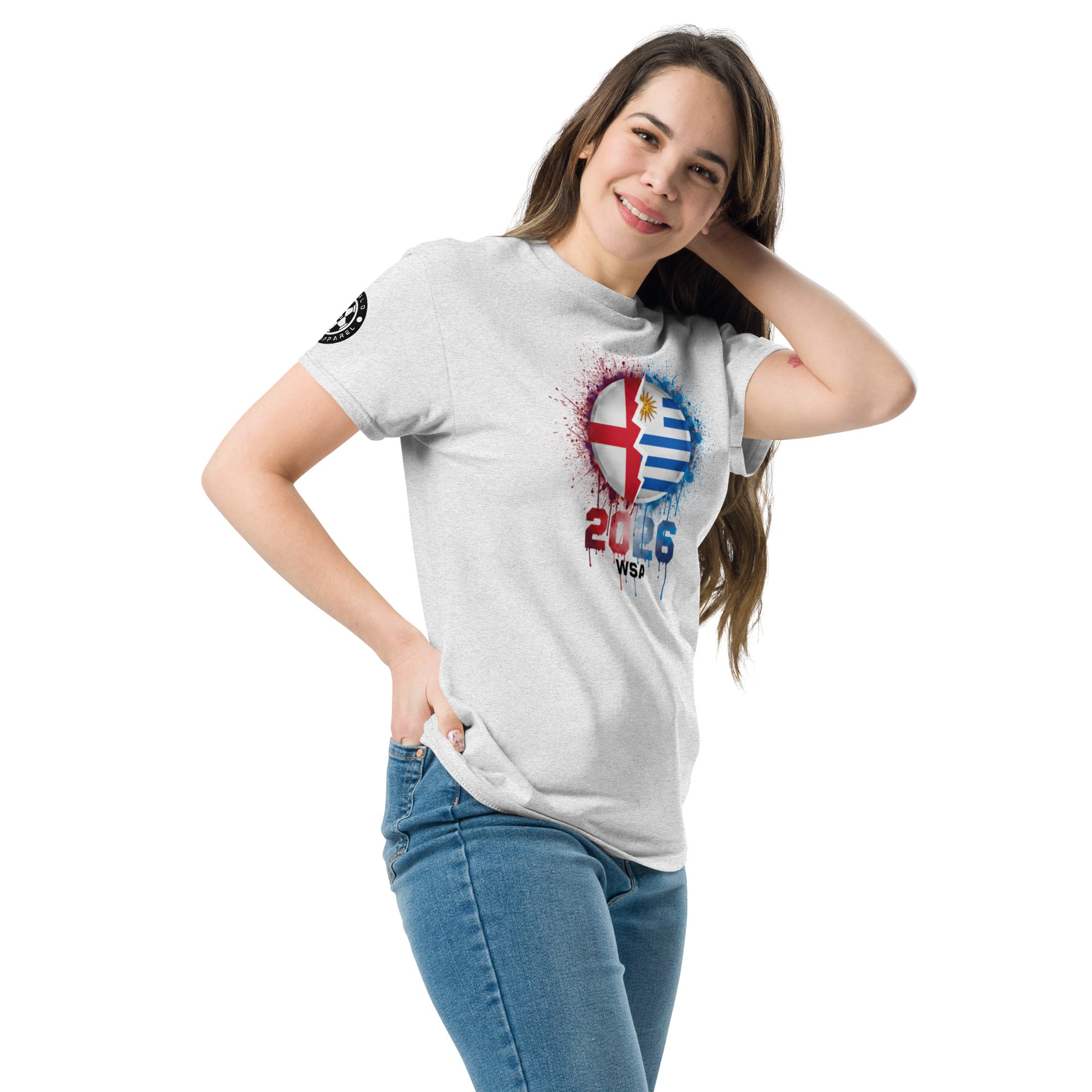 Woman wearing a white t-shirt with a colorful graphic design on a white background