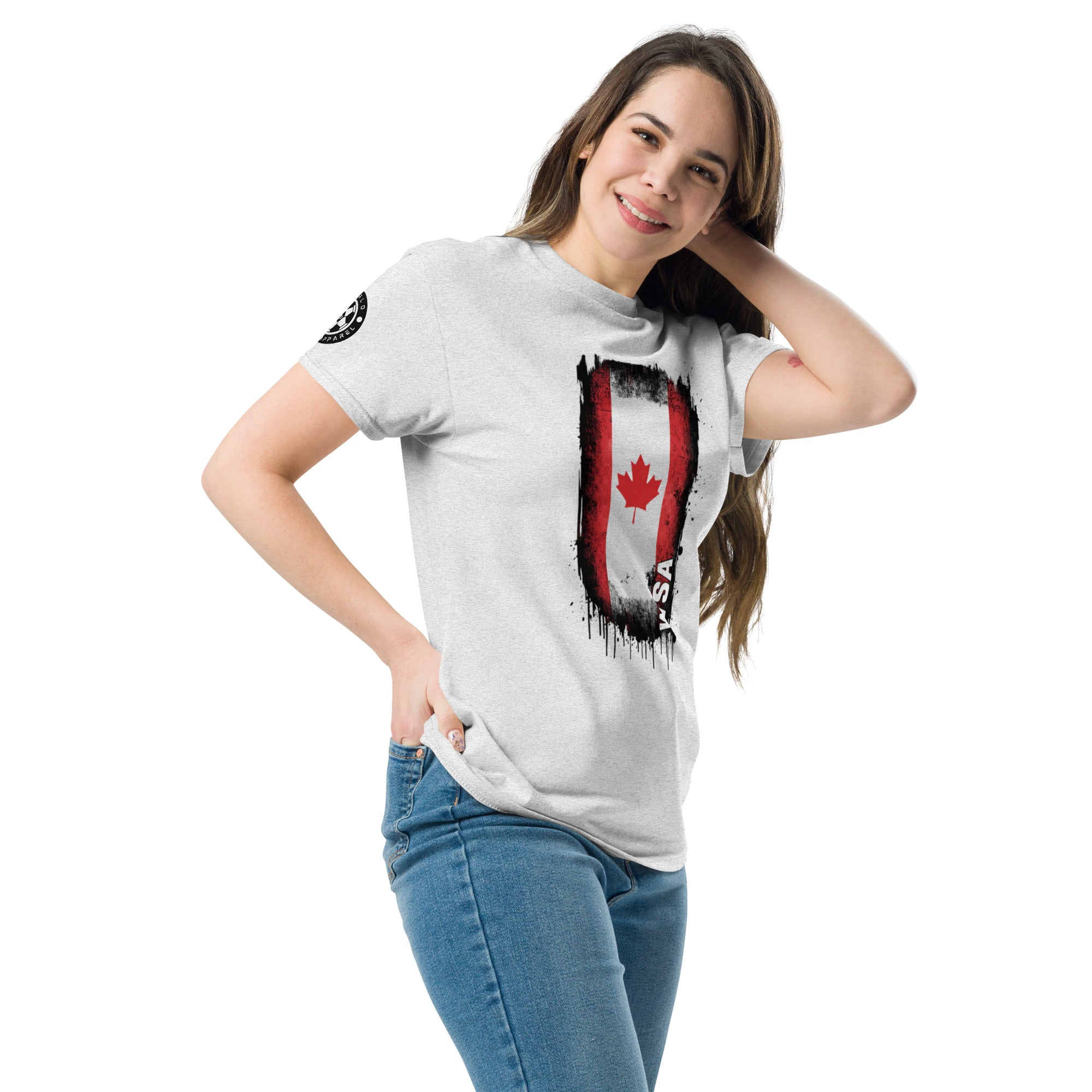 Woman wearing a white t-shirt with a graphic design on a white background