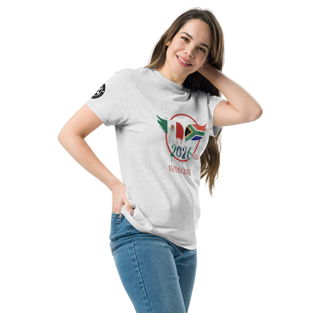 Woman wearing a white t-shirt with a colorful graphic design on a white background