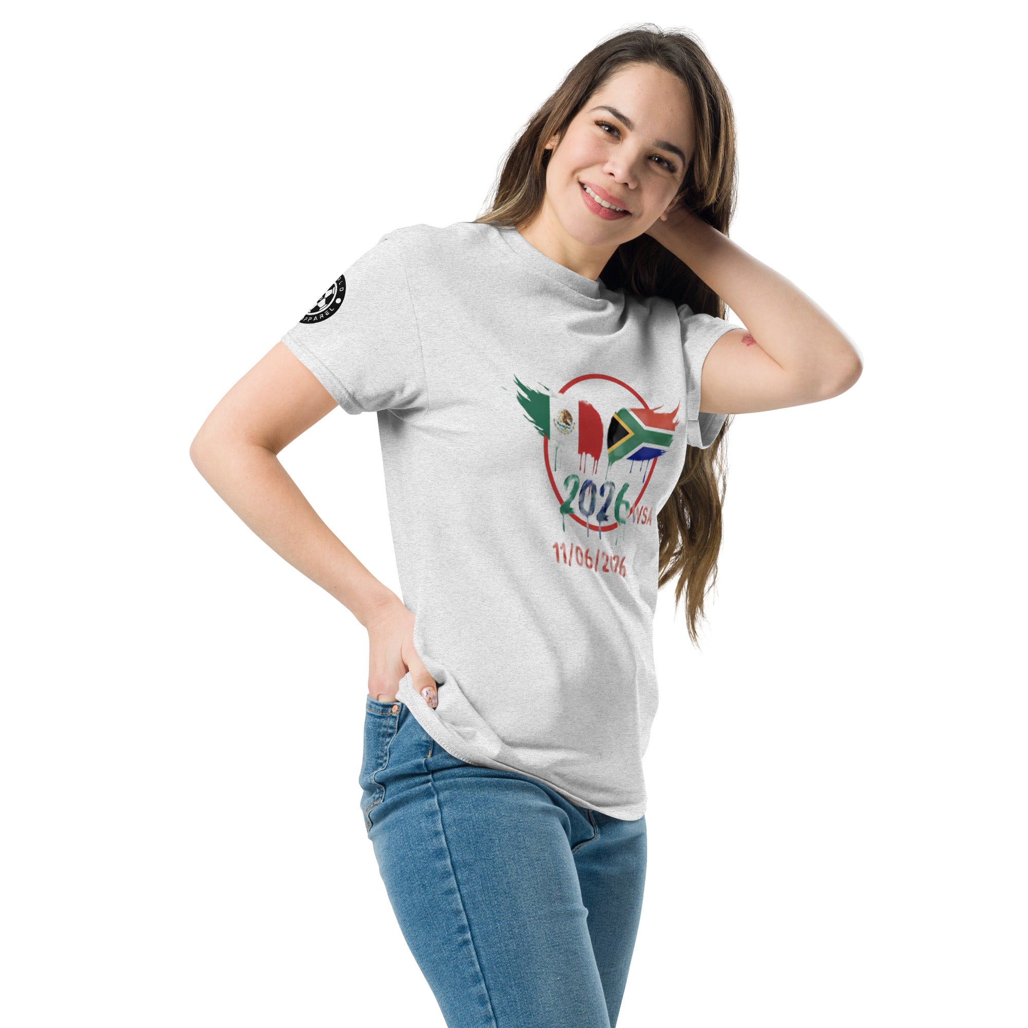 Woman wearing a white t-shirt with a colorful graphic design on a white background