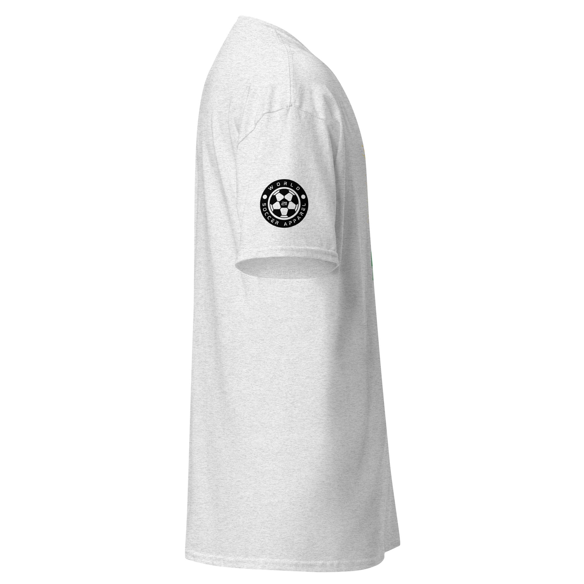 White t-shirt with a black logo on the sleeve against a white background