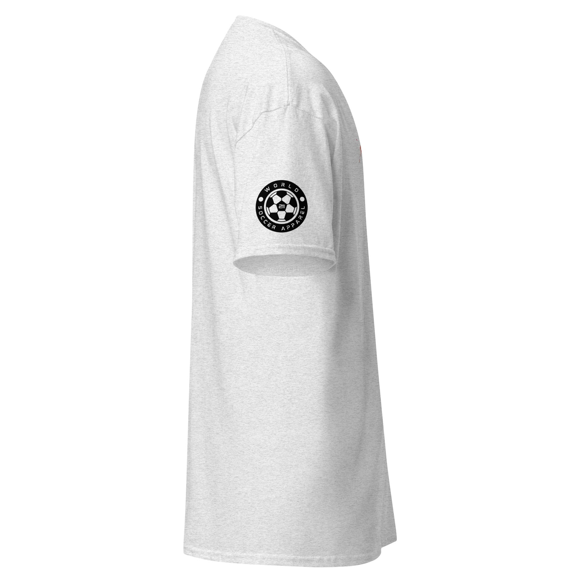 White t-shirt with a black logo on the sleeve against a white background