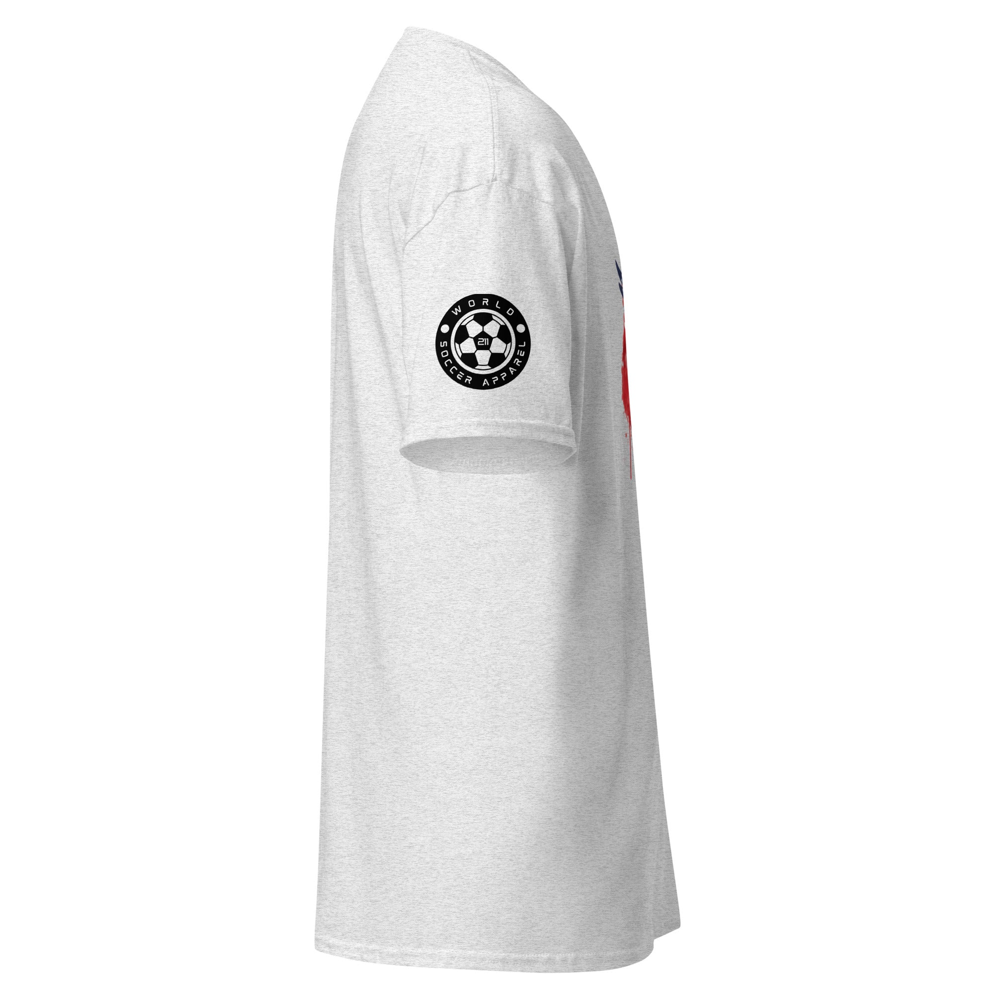 White t-shirt with a black circular logo on the sleeve against a white background