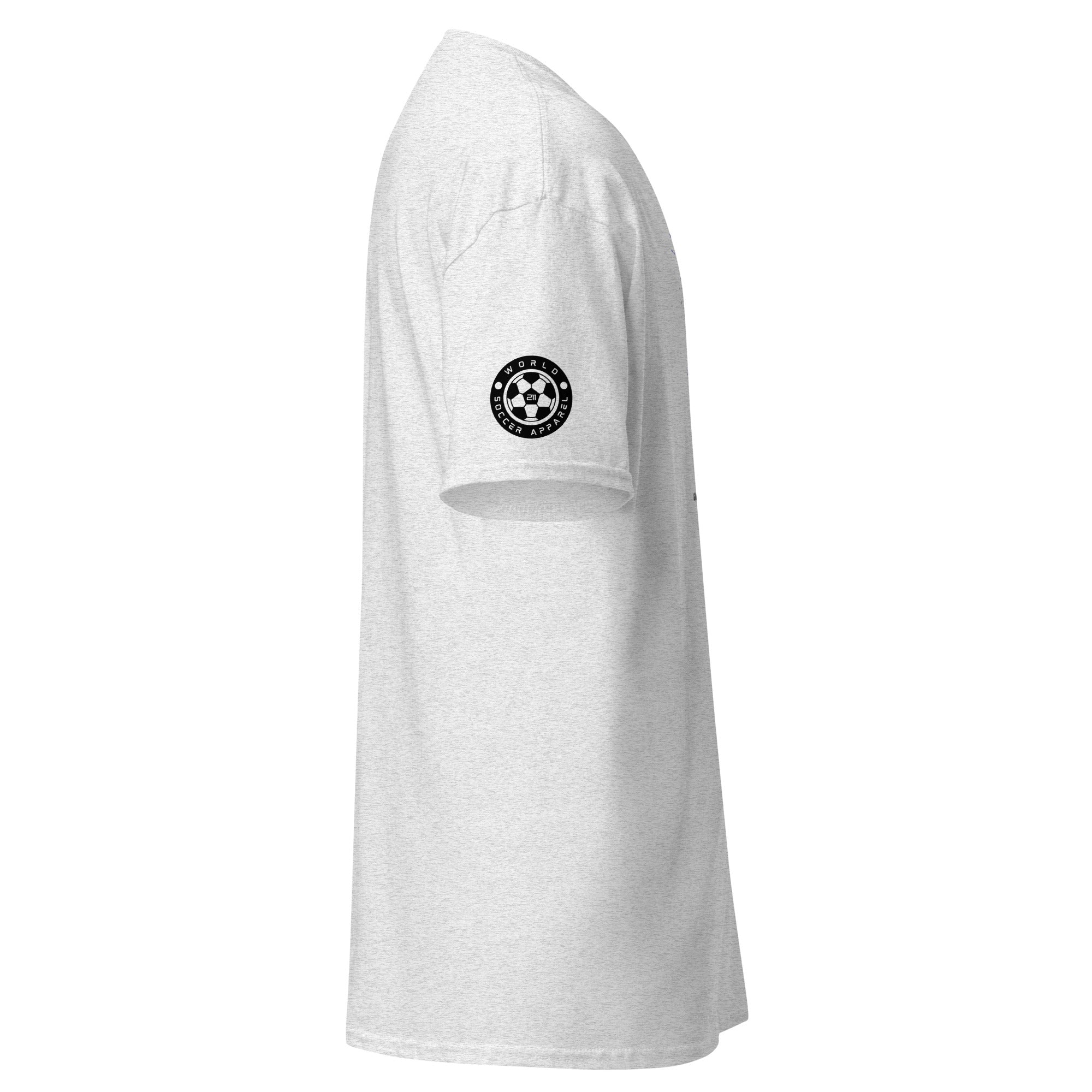 White t-shirt with a black logo on the sleeve against a white background