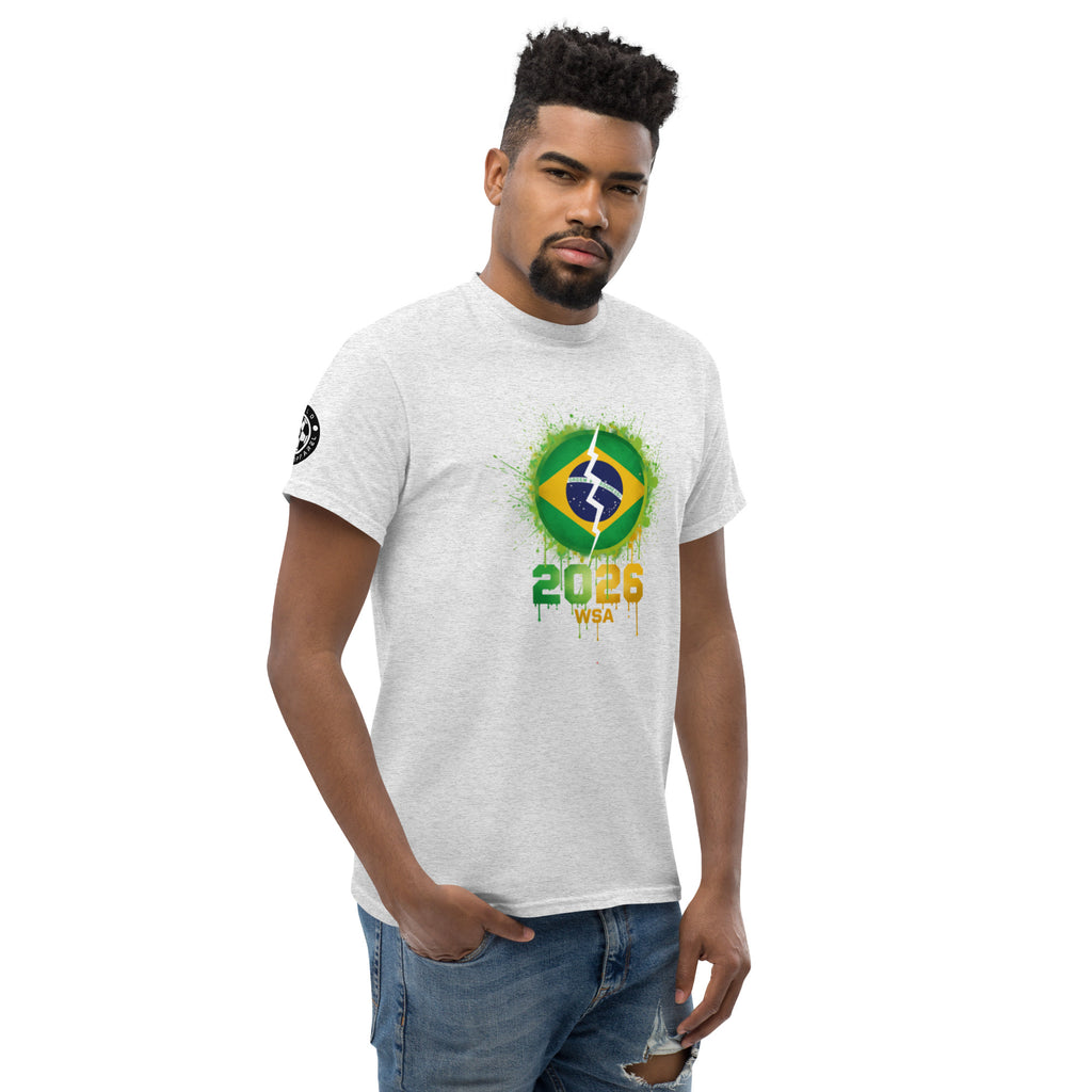 Man wearing a white t-shirt with a colorful graphic design on a white background