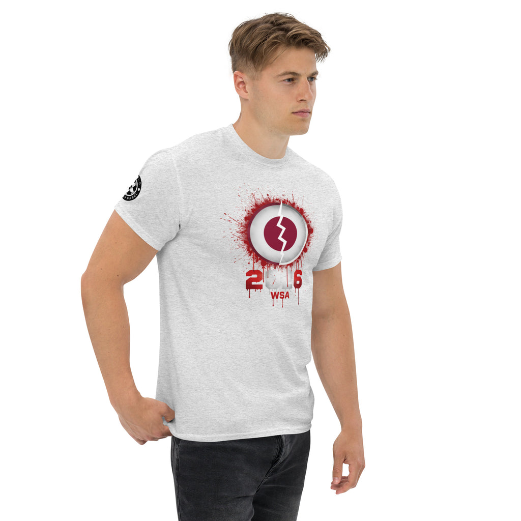 Man wearing a white t-shirt with a red and black graphic design on a white background