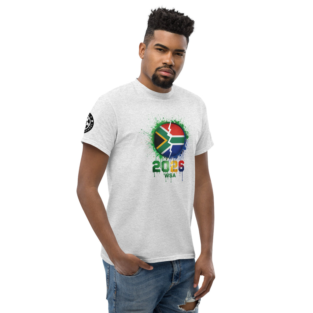 Man wearing a white t-shirt with a colorful graphic design on a white background