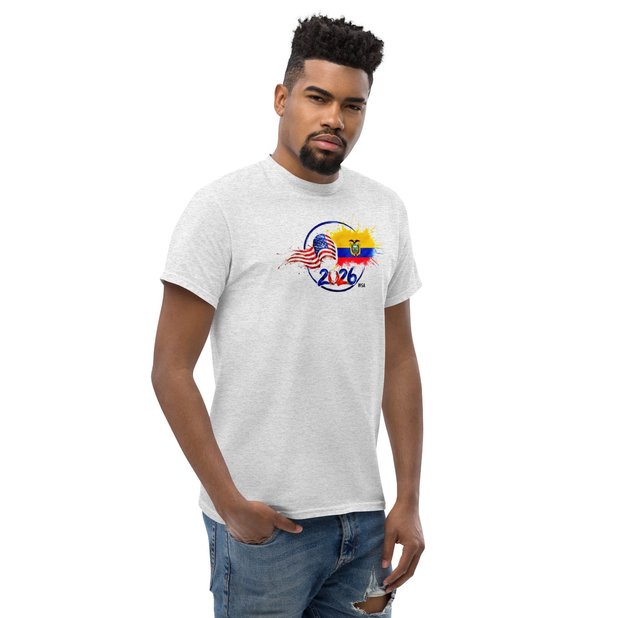 Man wearing a white t-shirt with a graphic design on a white background