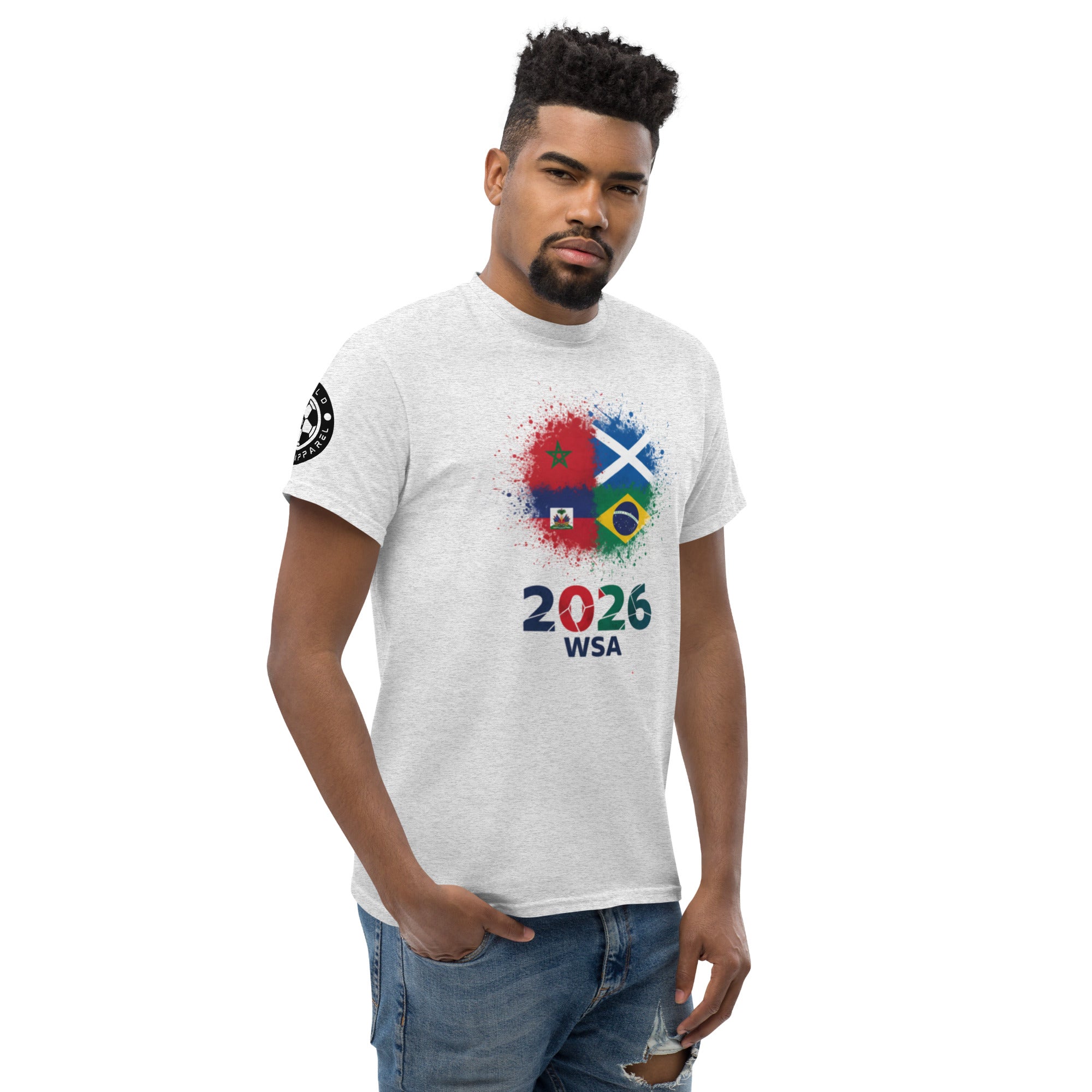 Man wearing a white t-shirt with colorful design and text on a white background