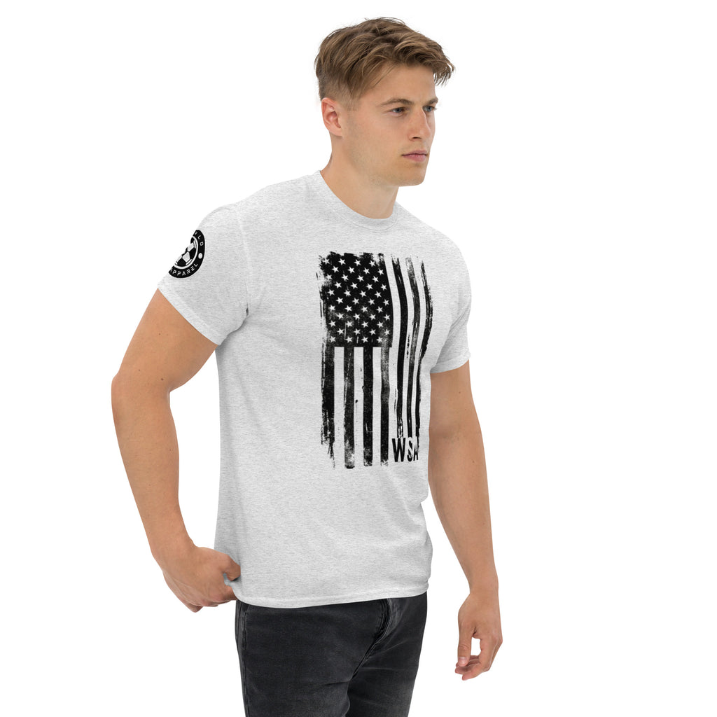 Man wearing a white t-shirt with an American flag design on a white background