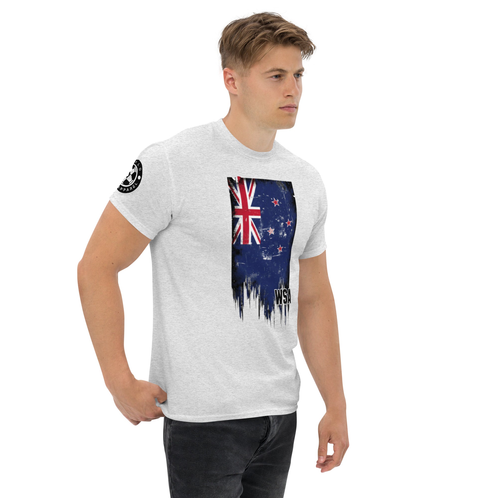 Man wearing a white t-shirt with a New Zealand flag design on a white background
