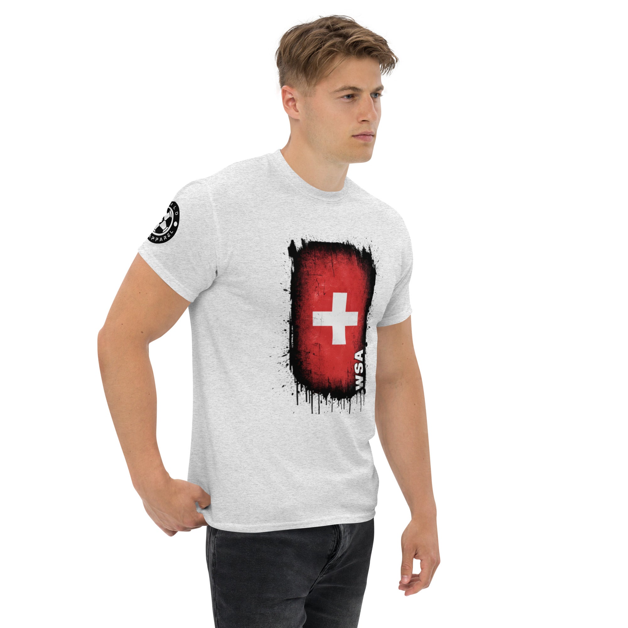 Man wearing a white t-shirt with a red and black graphic design on a white background