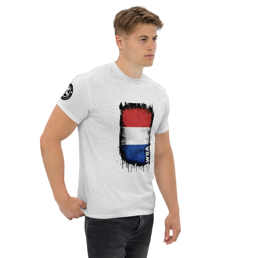 Man wearing a white t-shirt with a colorful graphic design on a white background