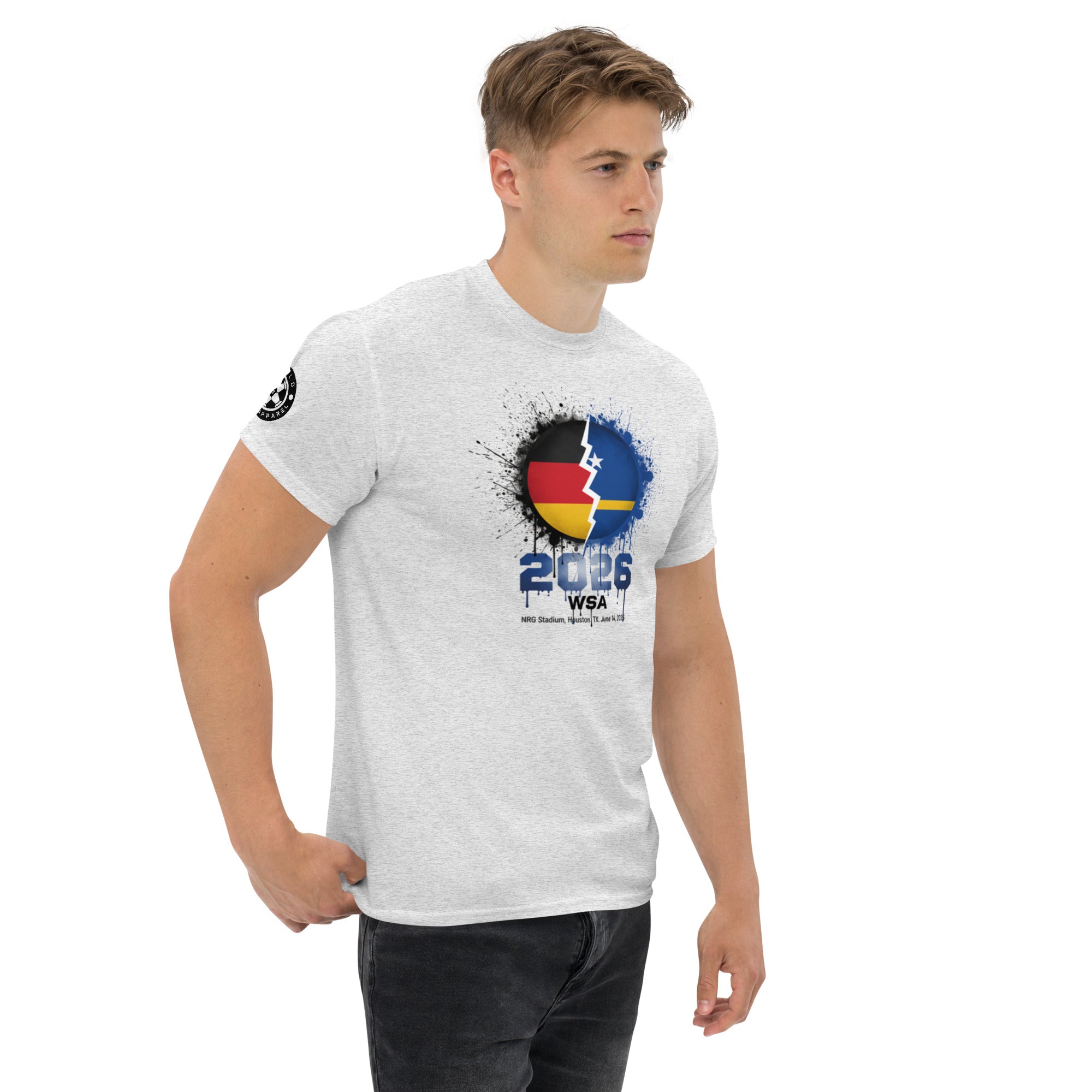 Man wearing a white t-shirt with a colorful design on a white background