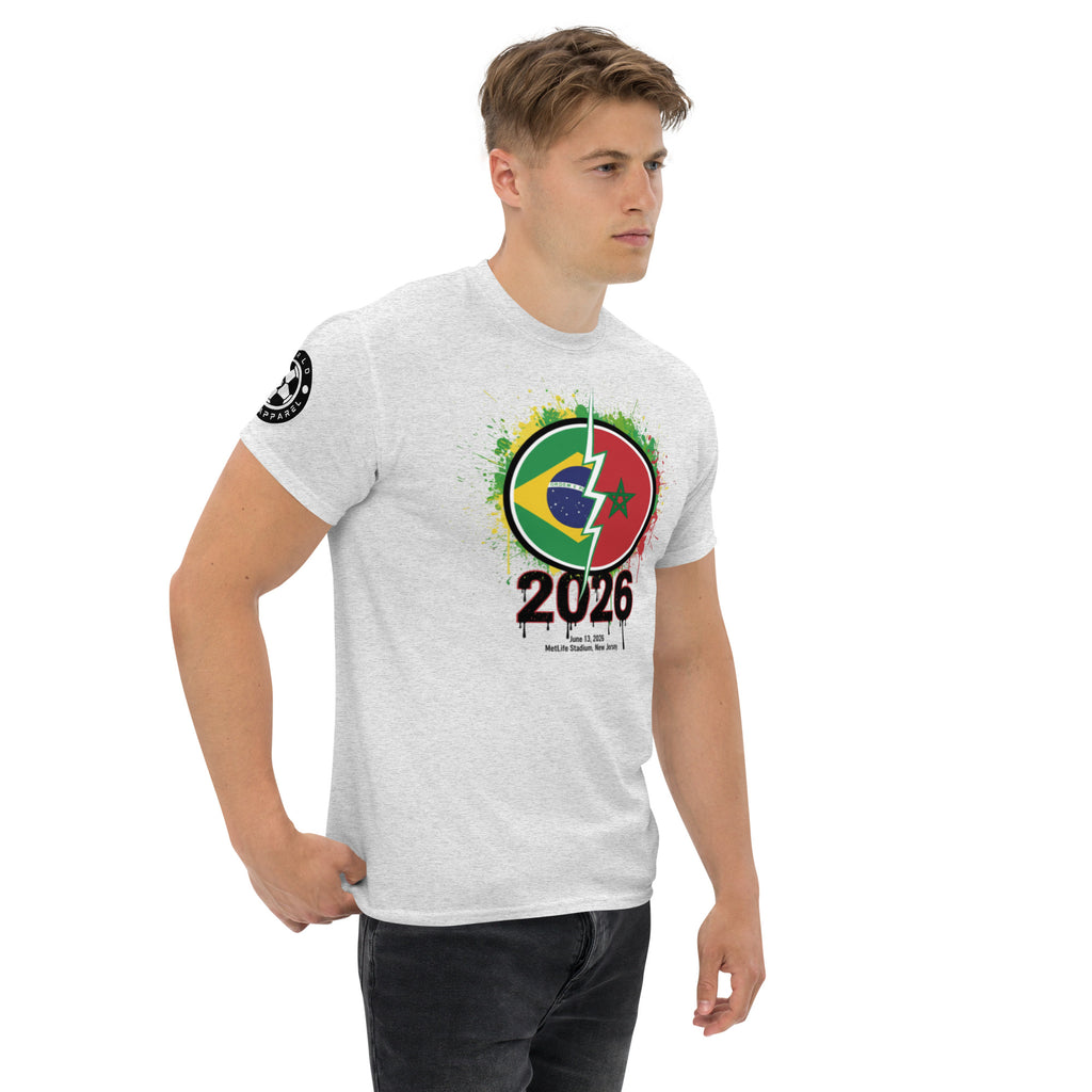 Man wearing a white t-shirt with a colorful design and '2026' text on a white background